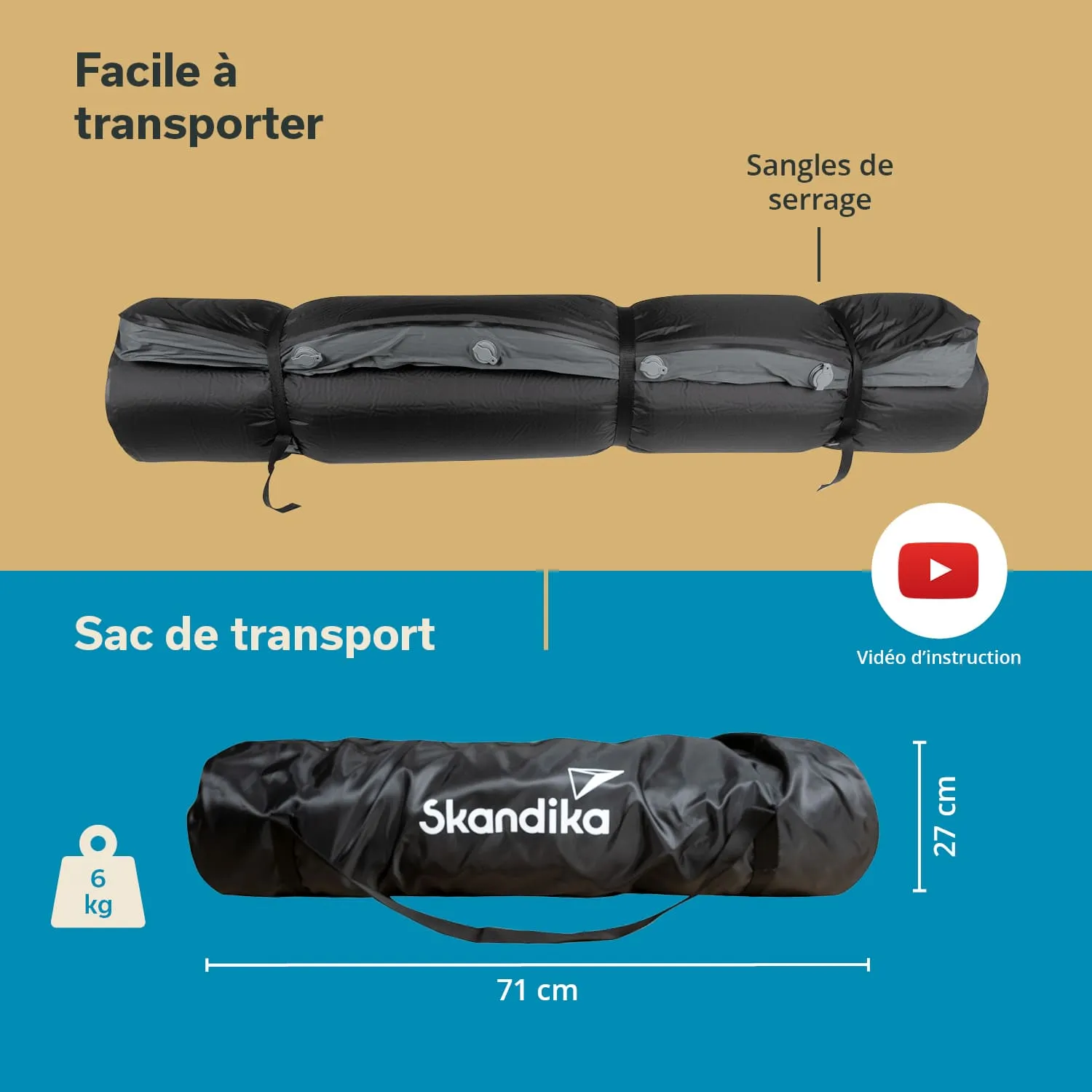 Schwarzer Transportbeutel, rechteckig, mit Trageriemen. Maße: 71 cm x 27 cm. Gewichtsangabe 6 kg, Anweisungen für Video sichtbar.