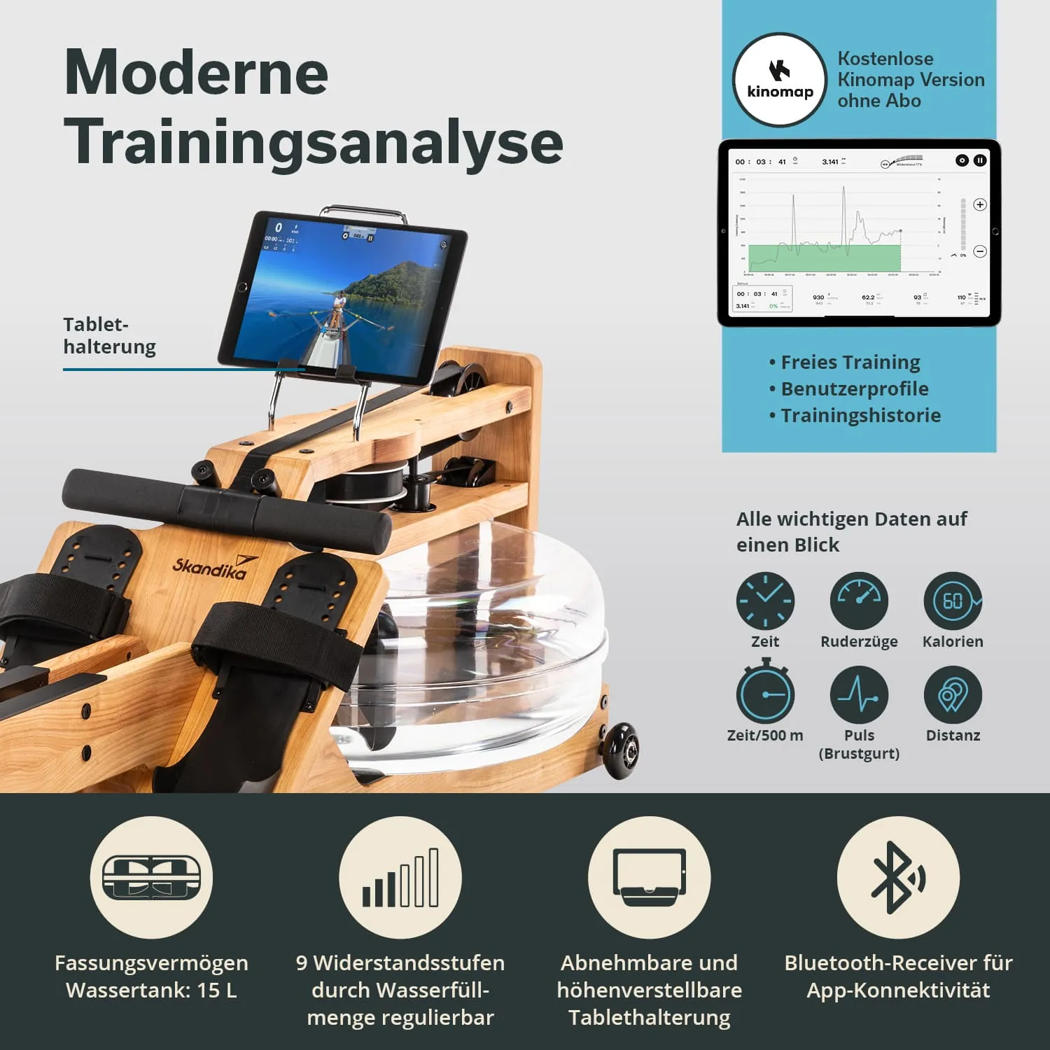 Wasserrudergerät aus Holz mit Tablet-Halterung, digitalem Display und verschiedenen Trainingsdaten. Informationen zur Nutzung sind aufgeführt.