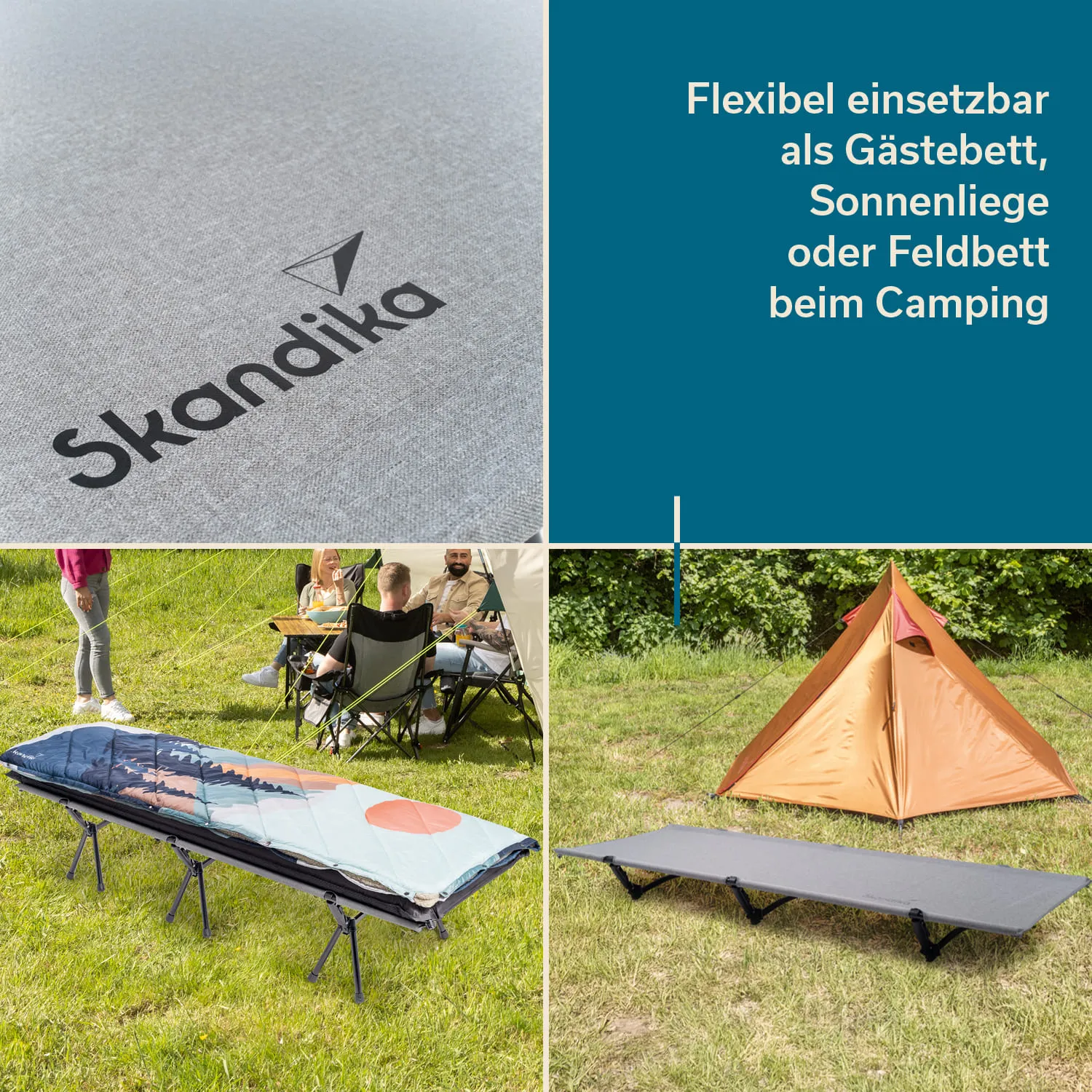 Graue Oberfläche mit "Skandika"-Logo, Feldbett mit Landschaftsmotiv, Gruppe von Personen am Lagerfeuer, orangefarbene Zelt.