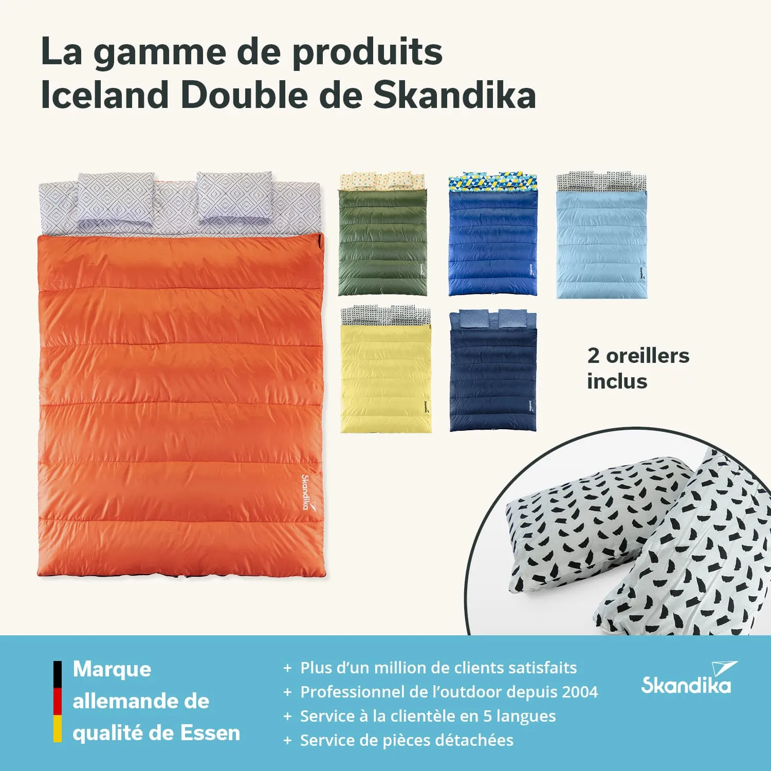 Eine orangefarbene Doppel-Schlafsack-Produktreihe von Skandika, mit verschiedenen Farbvarianten im Hintergrund und zwei Kissen.