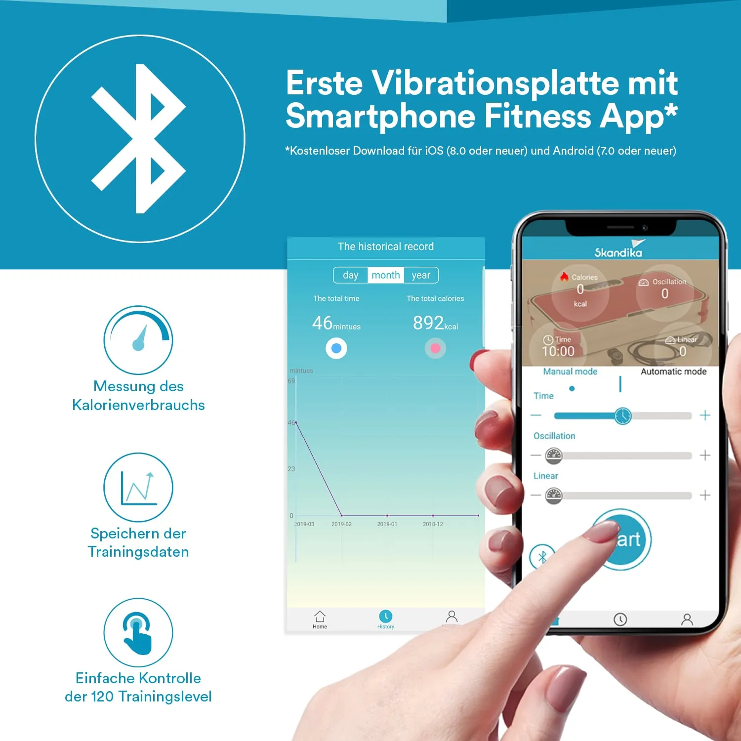 App-Oberfläche einer Fitnessanwendung für eine Vibrationsplatte, mit Funktionen zur Kalorienmessung, Speicherung von Trainingsdaten und Steuerung von Trainingsleveln.