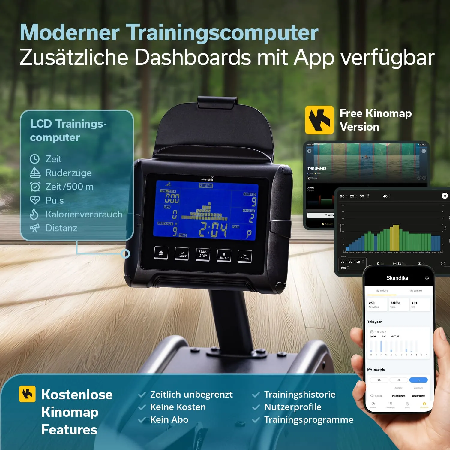 Modernen Trainingscomputer mit LCD-Display, der Trainingsdaten anzeigt, und mobilen App-Screenshots im Hintergrund.