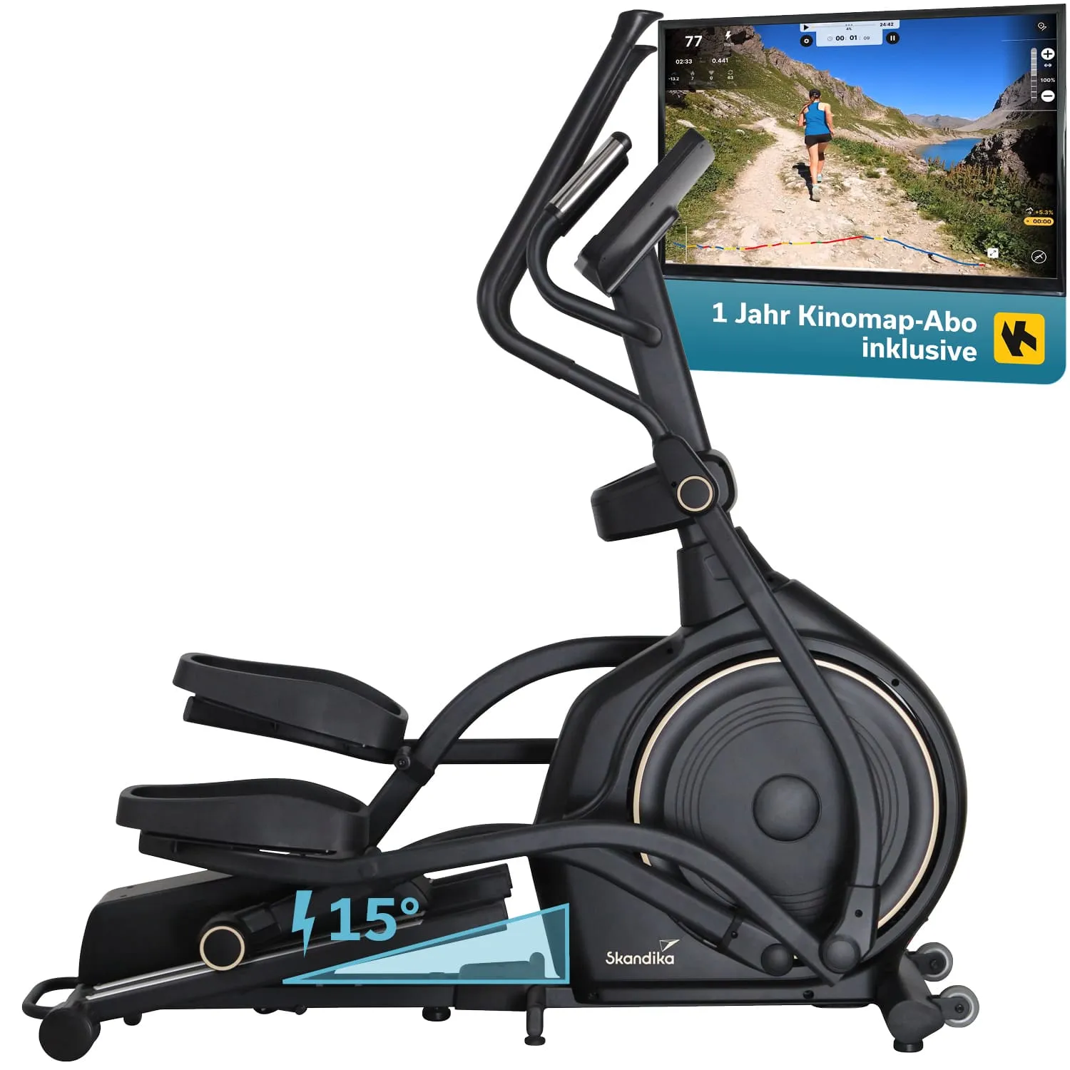 Ellipsentrainer in Schwarz mit zwei Pedalen und einem Bildschirm, der eine Strecke zeigt. Banner hebt ein Jahresabo hervor.