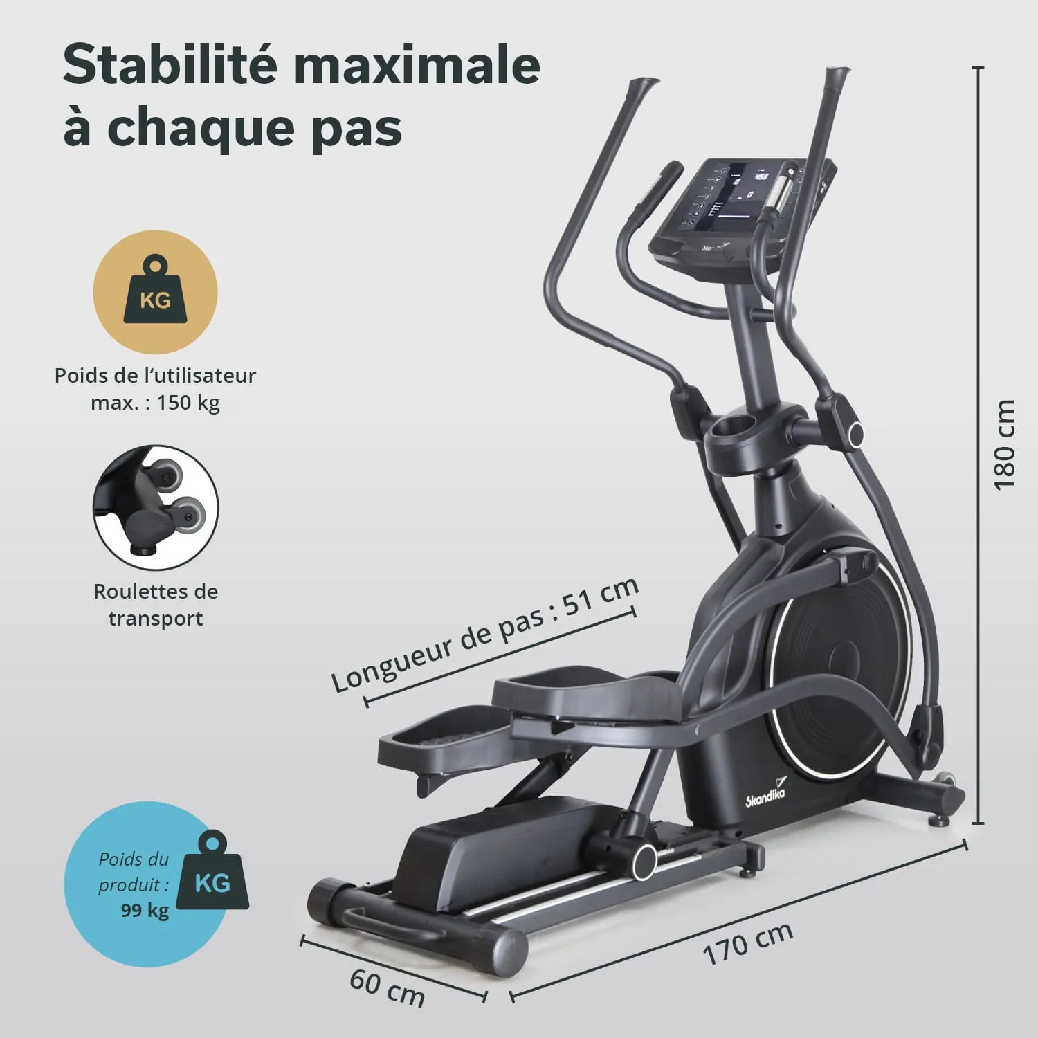 Ellipsentrainer in Schwarz mit digitalem Display. Maße: 180 cm hoch, 170 cm lang, 60 cm breit. Maximales Benutzergewicht 150 kg.