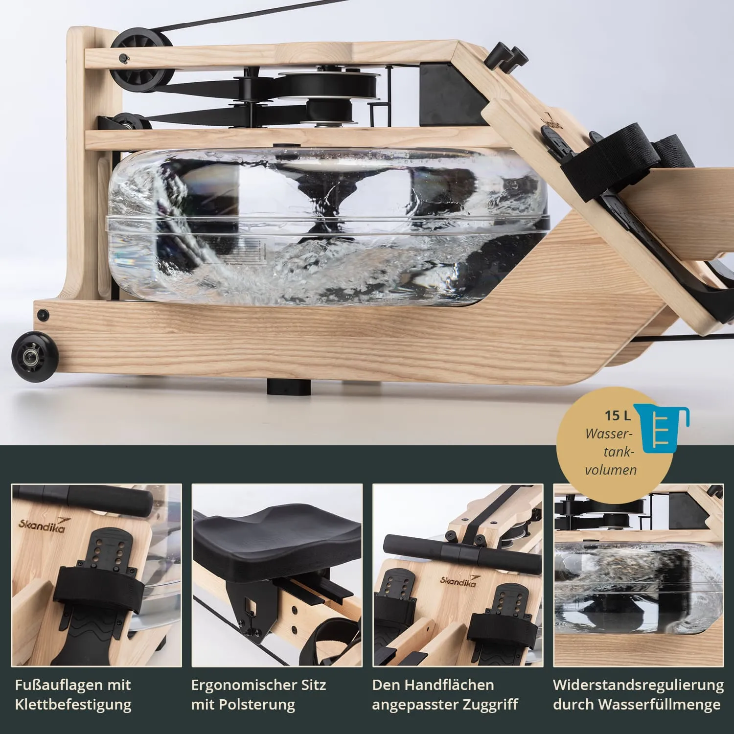 Holzernes Rudergerät mit Wasserbehälter, ergonomischem Sitz und verstellbaren Fußstützen. Наuntergrund mit drei Detailansichten.