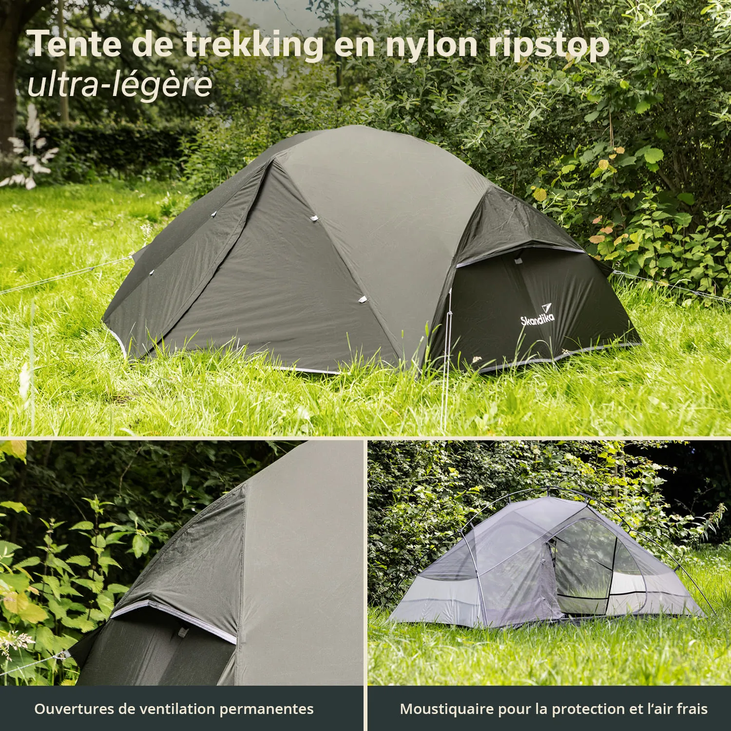 Zelt in der Natur, gefertigt aus dunkelgrauem Nylon. Unterteile zeigen Belüftungsöffnungen und ein Moskitonetz. Grüne Umgebung.