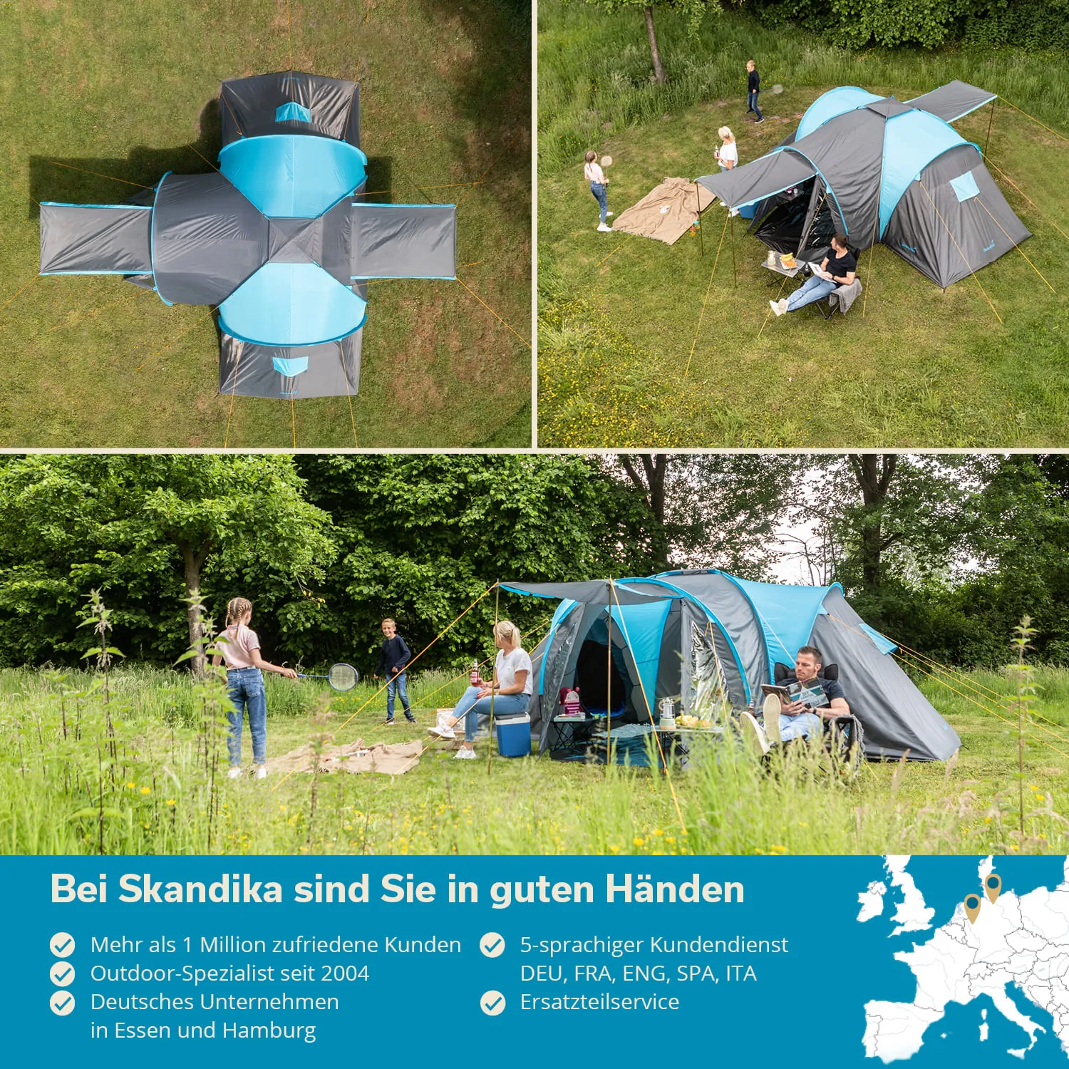 Ein großes Zelt mit blauen und grauen Elementen auf einer Wiese, umgeben von Bäumen. Menschen sitzen und stehen rund um das Zelt.