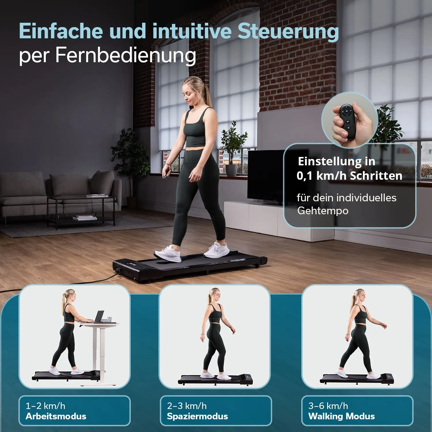 Frau in Sportkleidung läuft auf einem Laufband in einem modernen Raum mit Fenster und Pflanzen. Fernbedienung sichtbar.