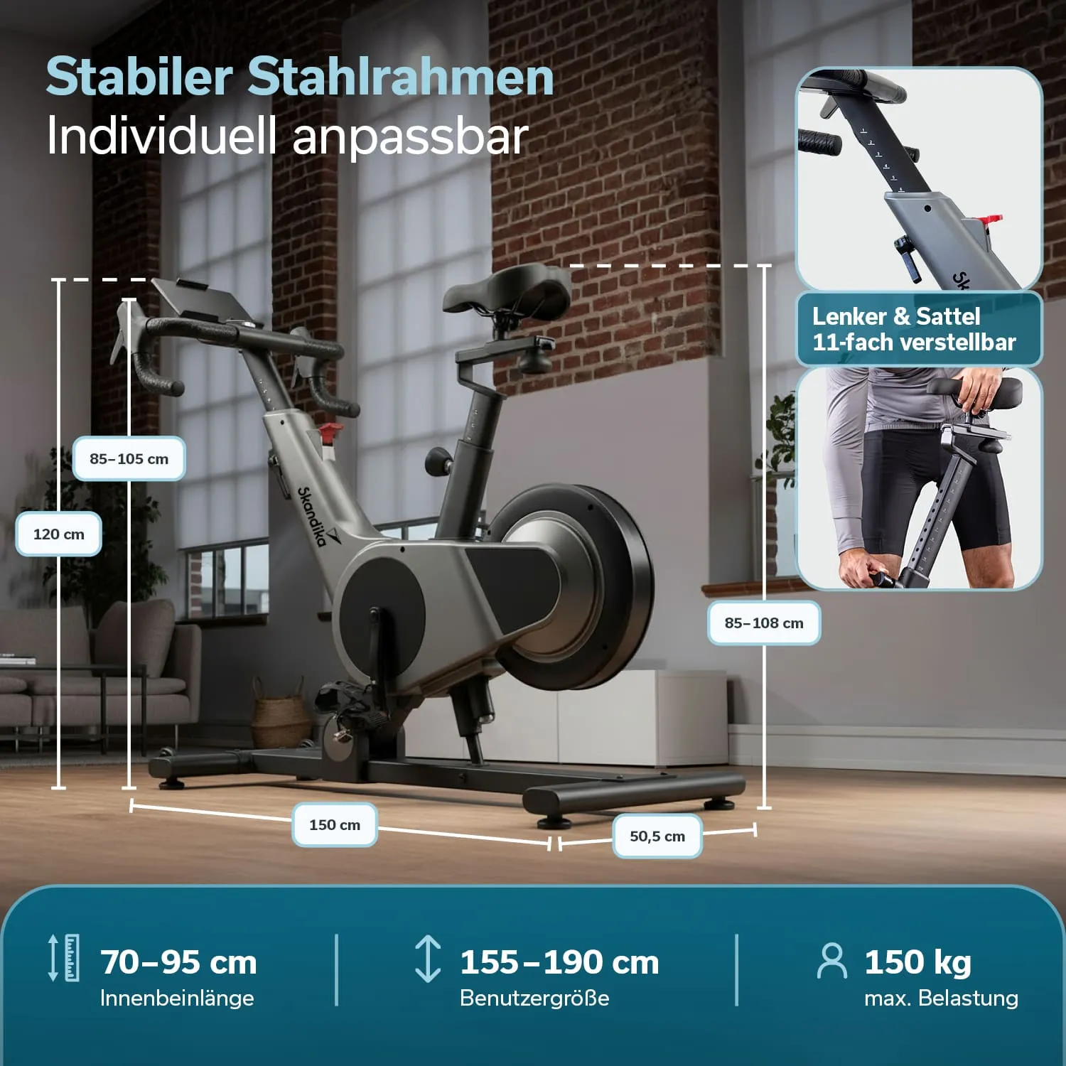 Ein Fitnessbike mit stabilem Stahlrahmen, Maßangaben für höhenverstellbare Lenker- und Sattelhöhe, und maximaler Belastung.