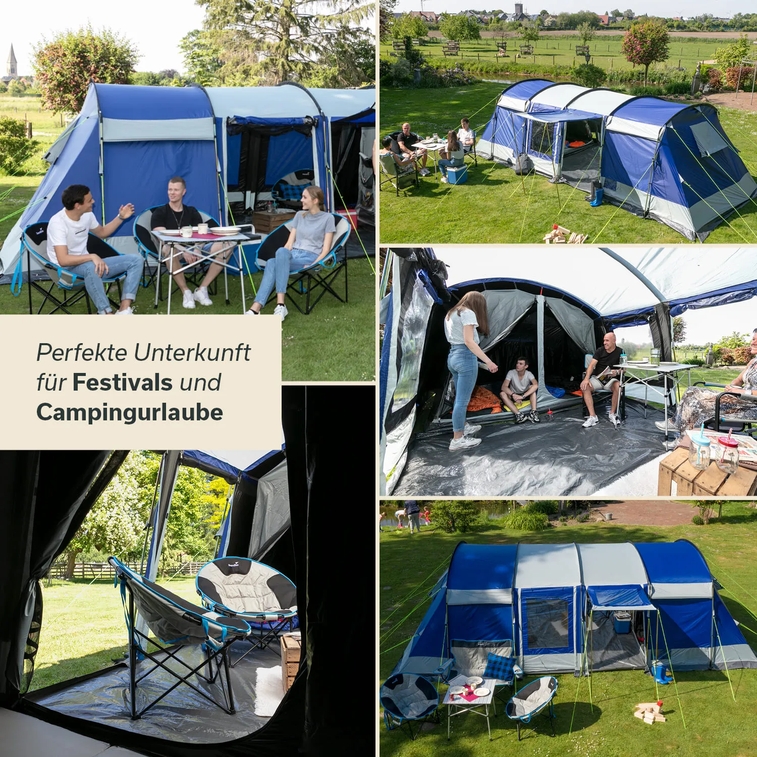 Zelt mit blauer und grauer Plane in einem Garten. Personen sitzen auf Stühlen und verbringen Zeit. Innenansicht mit Campingausstattung.