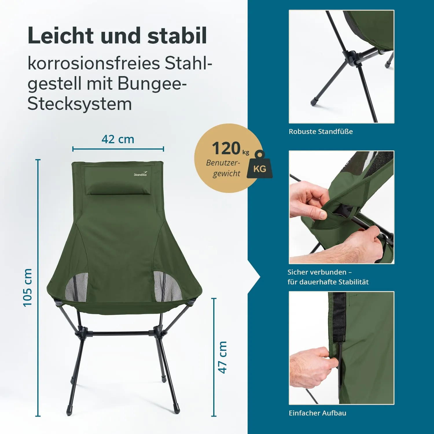 Grüner Stuhl mit robustem Stahlgestell, Bungee-Stecksystem und abnehmbaren Teilen. Maße und Belastbarkeit sind angegeben.