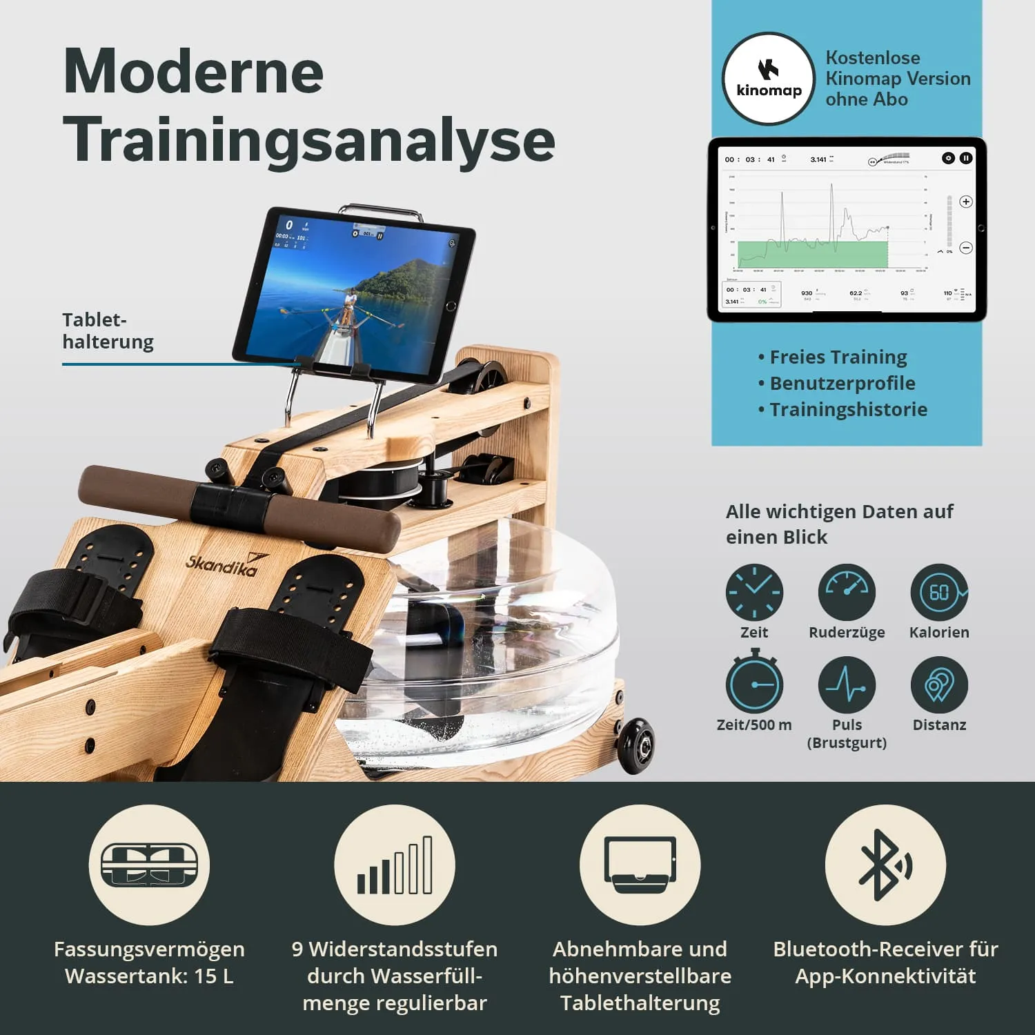 Wasser-Rudergerät aus Holz mit Tablet-Halterung, Wasserbehälter, Widerstandseinstellungen und Datenauswertung.