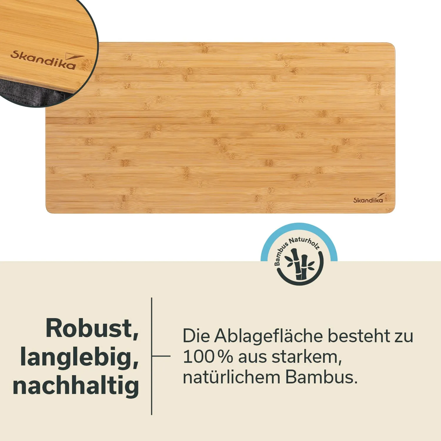 Bambusschneidebrett mit eingraviertem Logo „Skandika“. Darunter Text zu Eigenschaften des Materials.