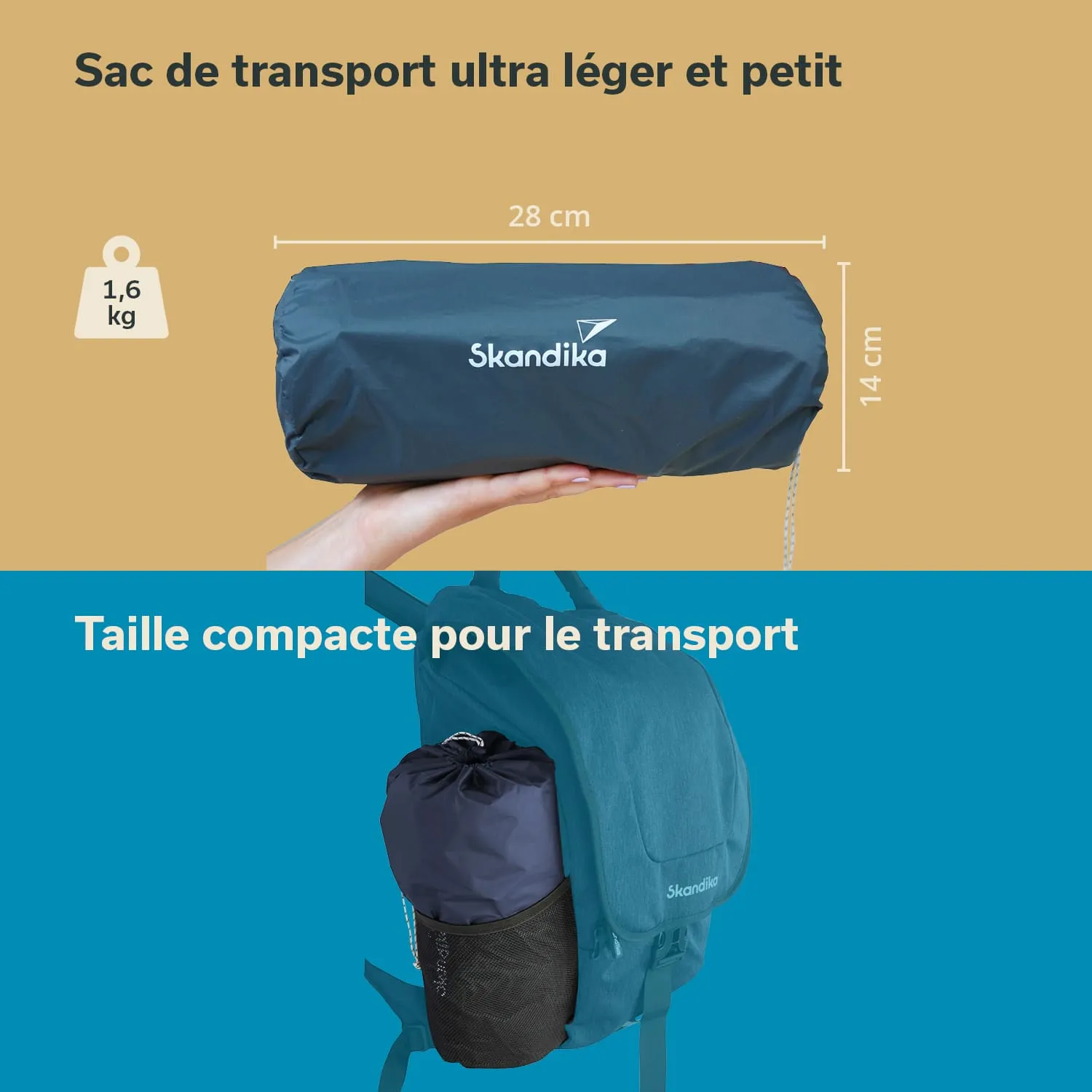 Ultraleichter Transportbeutel in Hand gehalten, Maße 28 cm x 14 cm. Beutel in seitlicher Halterung eines Rucksacks.