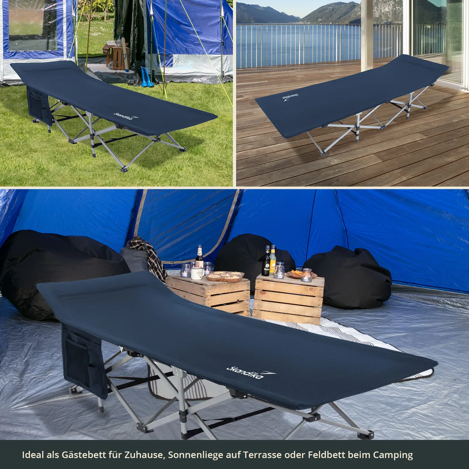 Faltbare Liege in Dunkelblau, präsentiert auf Rasen, Terrasse und in einem Zelt, umgeben von Möbeln und Accessoires.