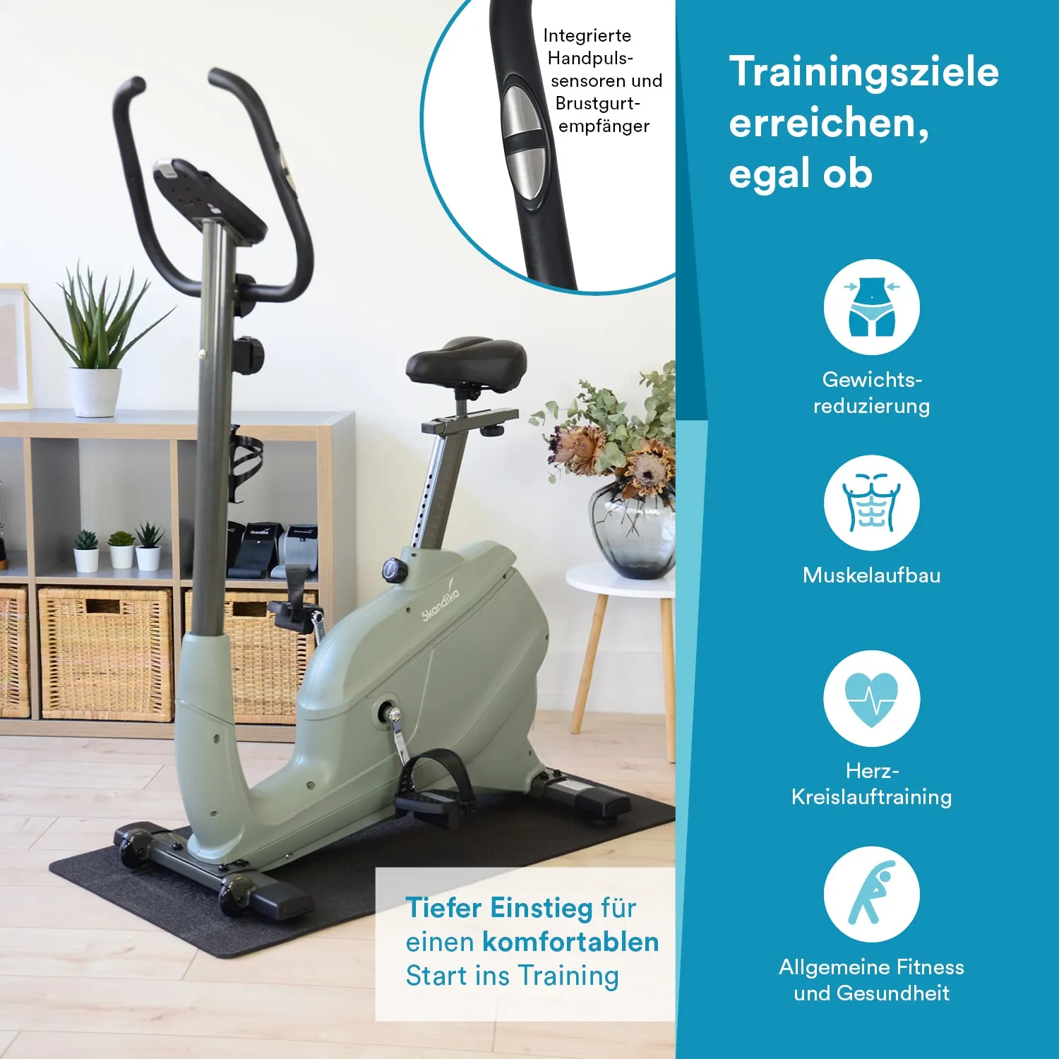 Ergometer in einem modernen Raum, umgeben von Pflanzen und Möbeln. Informationen zu Trainingszielen und Funktionen.