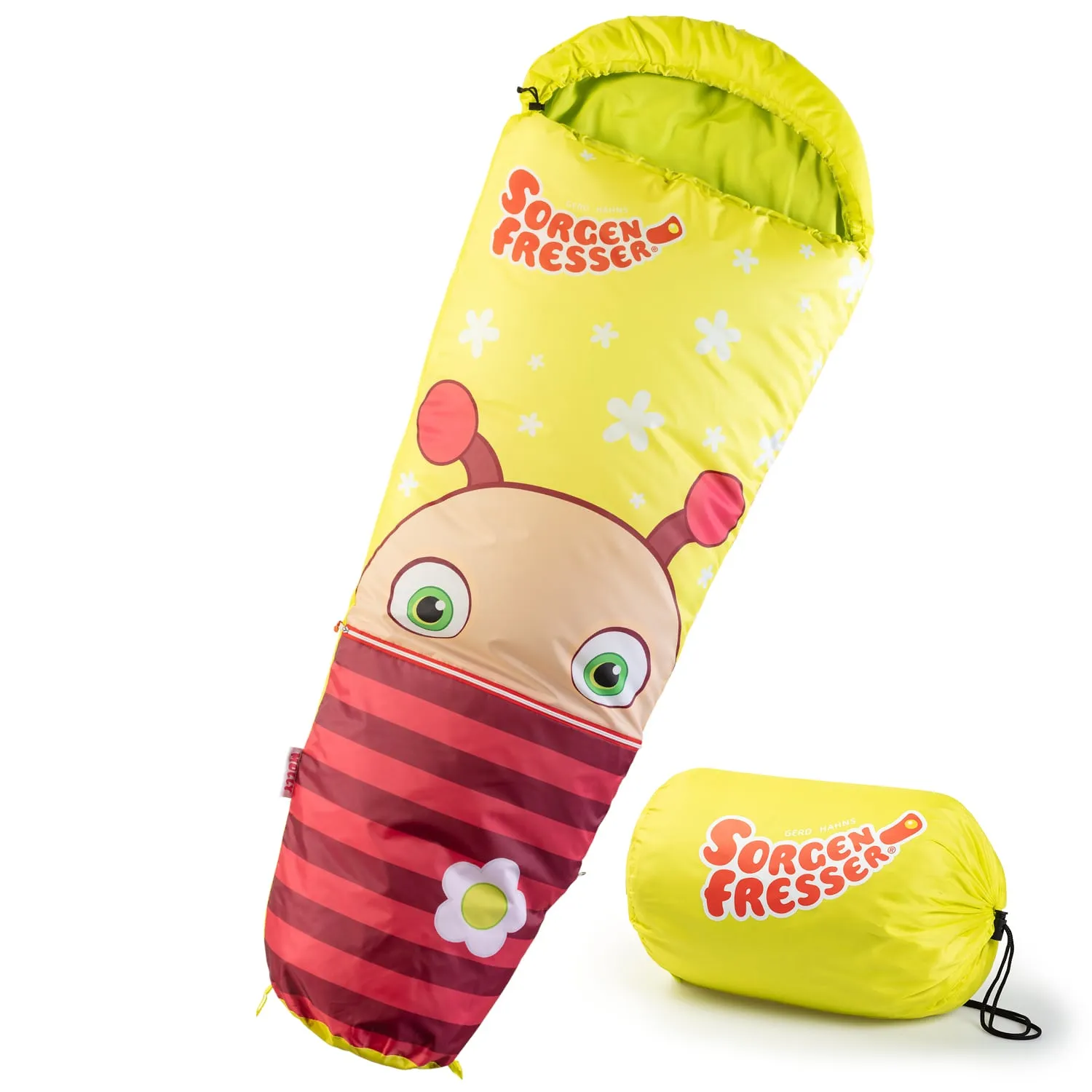 Ein Schlafsack in Gelb mit einem bunten, cartoonhaften Gesicht und Blumen. Daneben ein passender Beutel.