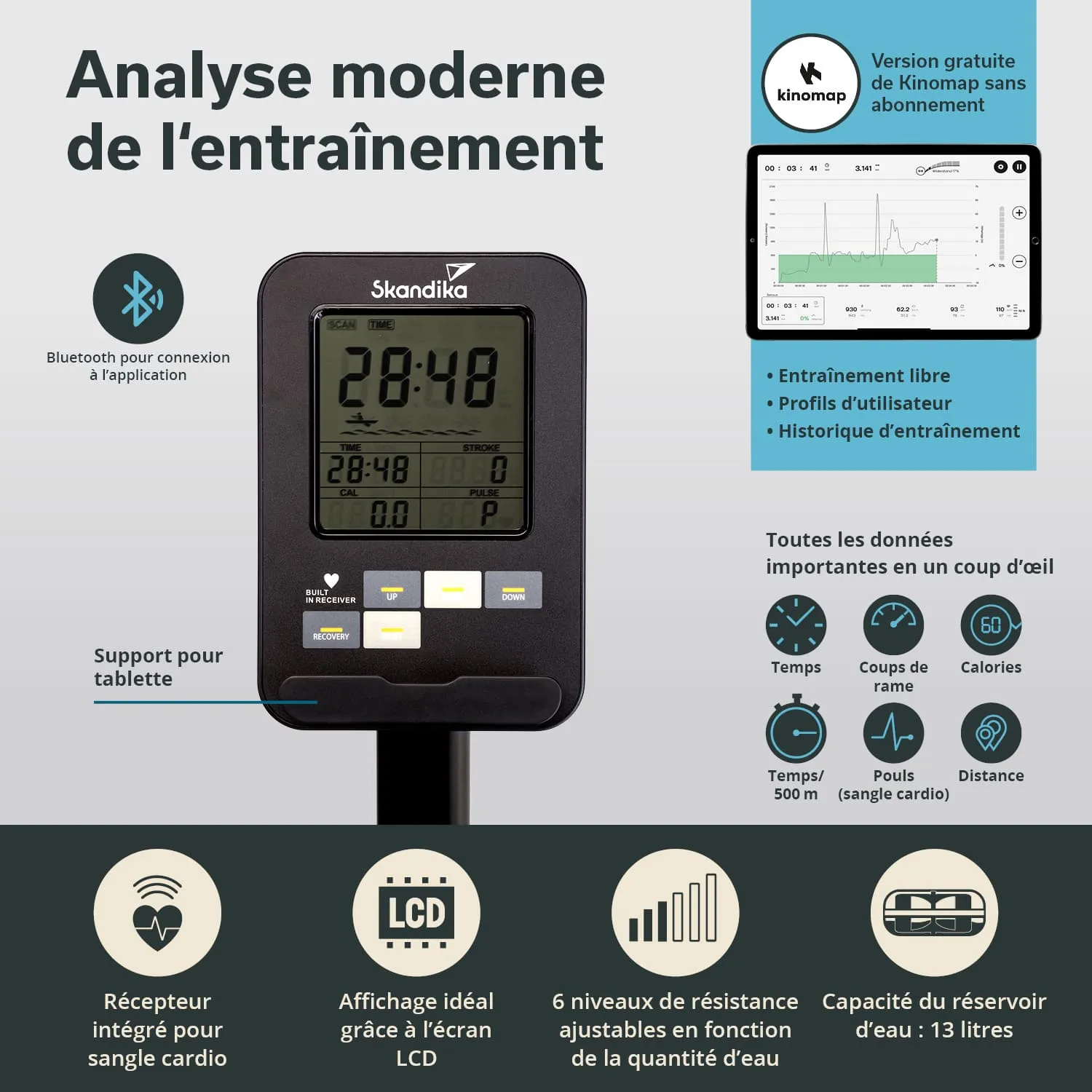 Digitale Anzeige eines Fitnessgeräts mit LCD-Bildschirm, Tasten zur Einstellung und Informationen zu Trainingseinheiten.