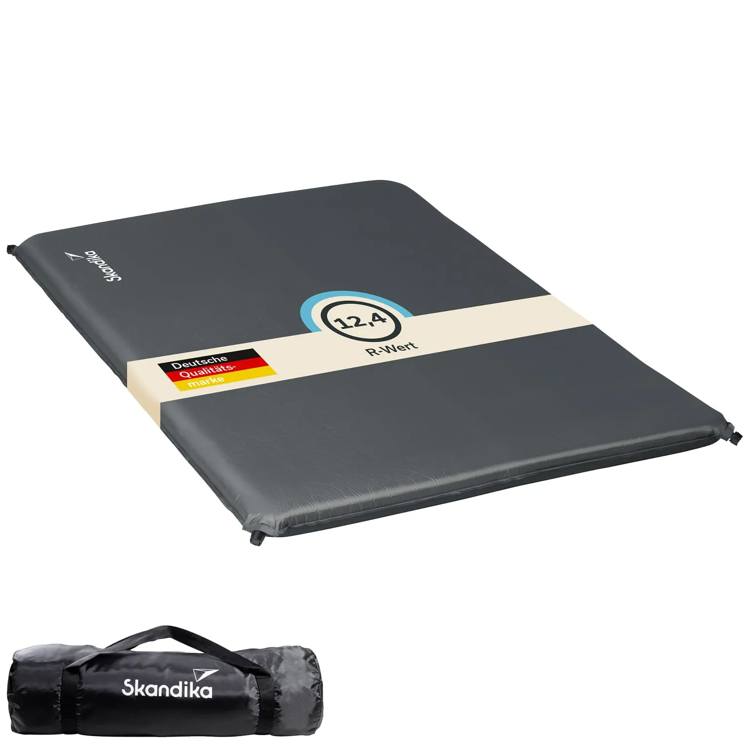 Isoliermatte in grau mit aufgedrucktem R-Wert 12.4 und dem Hinweis "Deutsche Qualitätsmarke", darunter Tragetasche.