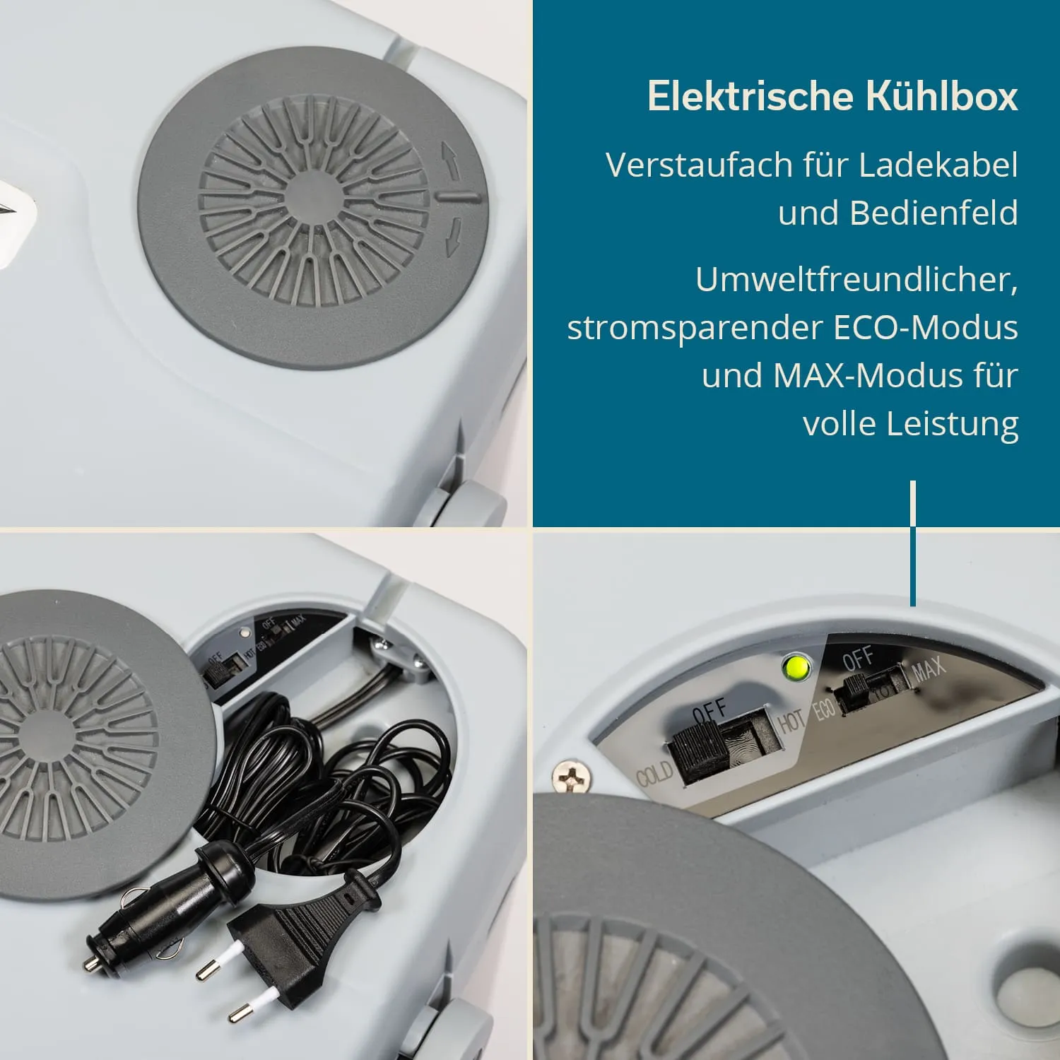 Elektrische Kühlbox mit Sicht auf den Deckel, Bedienfeld und verstecktem Ladekabel im Inneren.