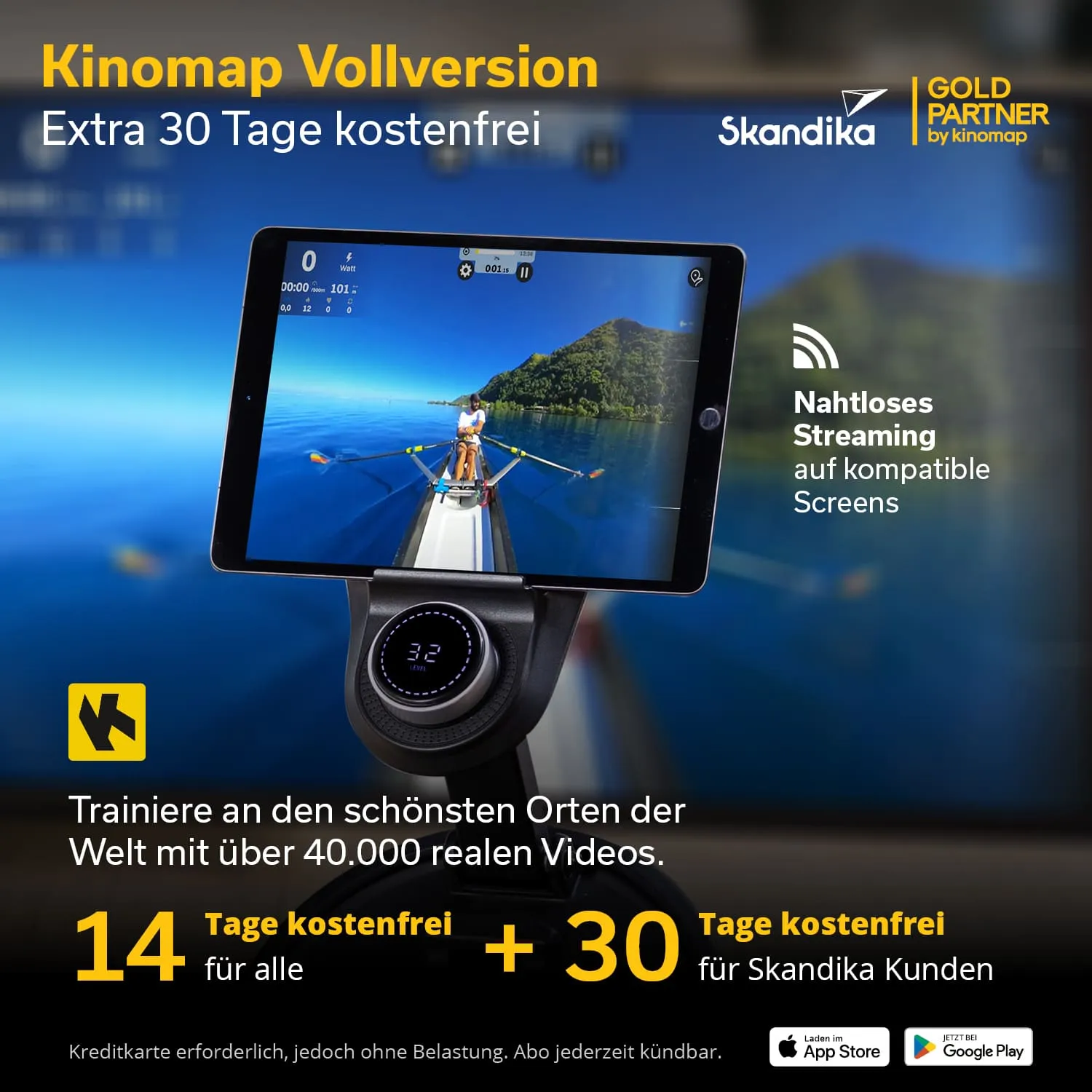 Tablet zeigt eine Ruder-Szene auf einem Gewässer. Darunter Texte zu Kinomap-Vollversion und kostenfreien Testzeiträumen.