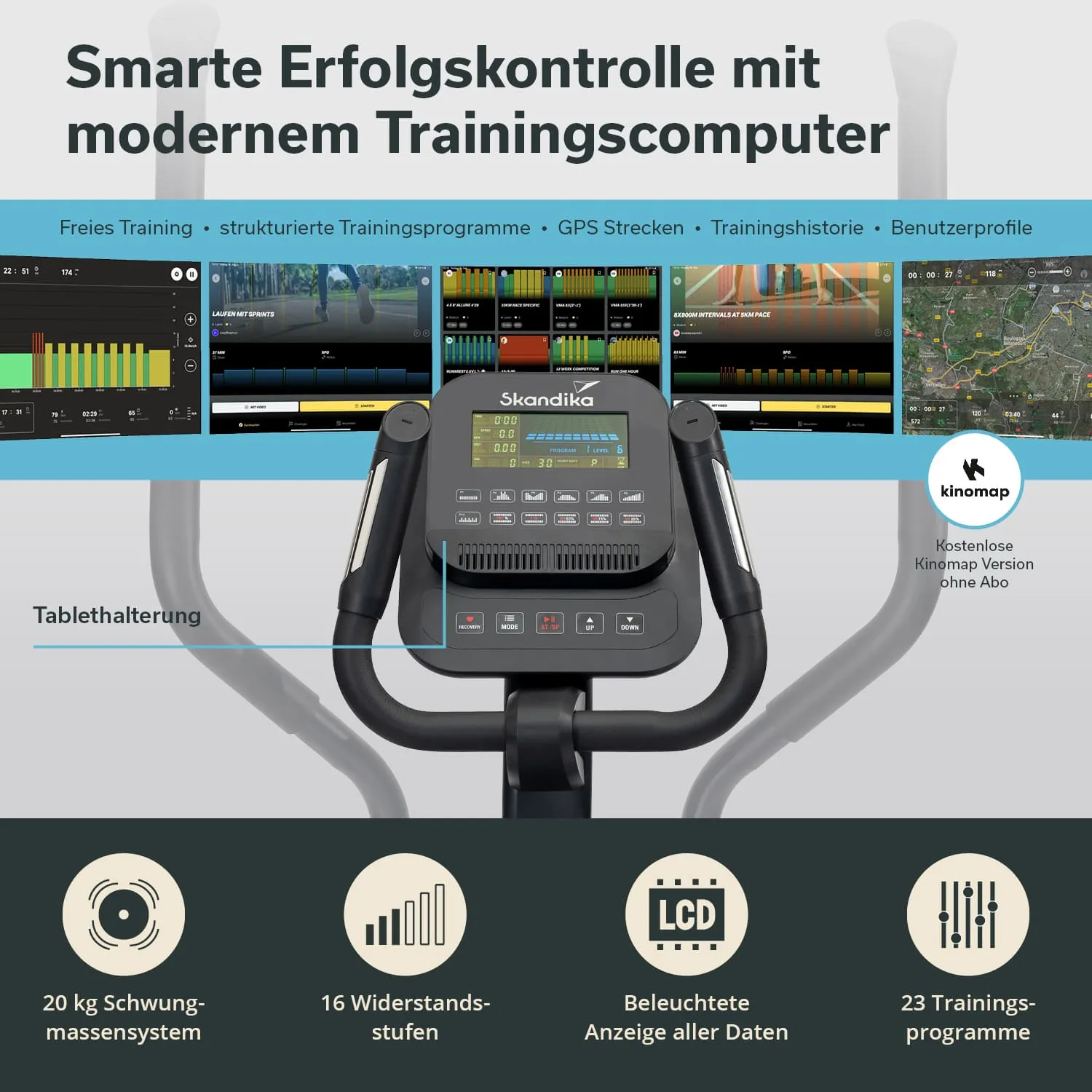 Moderne Trainingscomputer-Anzeige eines Fitnessgeräts mit Tablet-Halterung. Informationen zu Funktionen und Programmen.