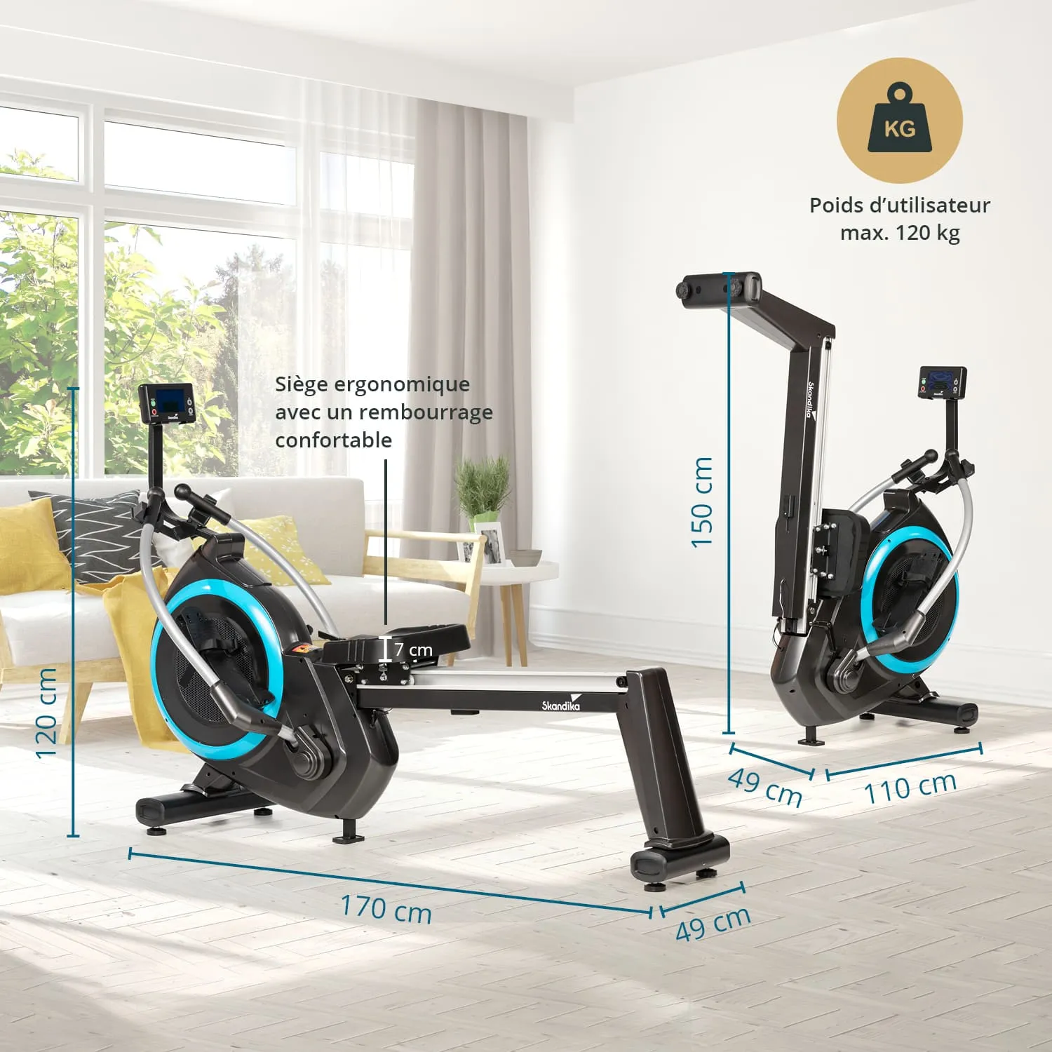 Rudergerät in einem hellen Raum, mit ergonomischem Sitz und Display. Maße und Benutzergewicht sind angegeben. Schlichtes Design.