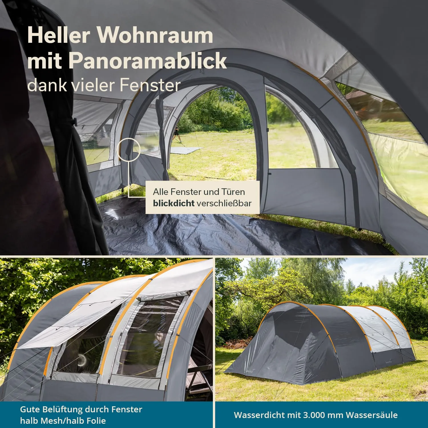 Zelt mit großen Fenstern und Türen im Innenraum. Untere Bilder zeigen Zeltansicht und Belüftungsmöglichkeiten.