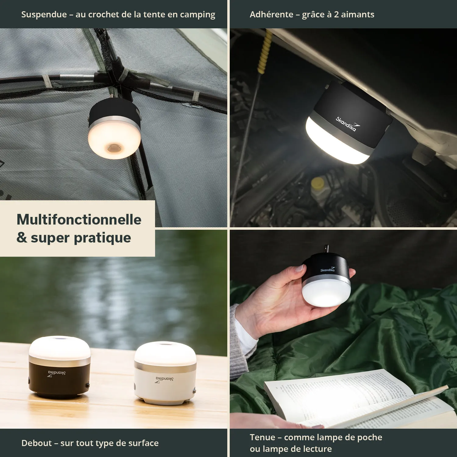 Vier Bilder zeigen eine multifunktionale Lampe in verschiedenen Nutzungsszenarien: befestigt im Zelt, in einem Auto, auf einer Fläche stehend und in der Hand eines Nutzers beim Lesen.