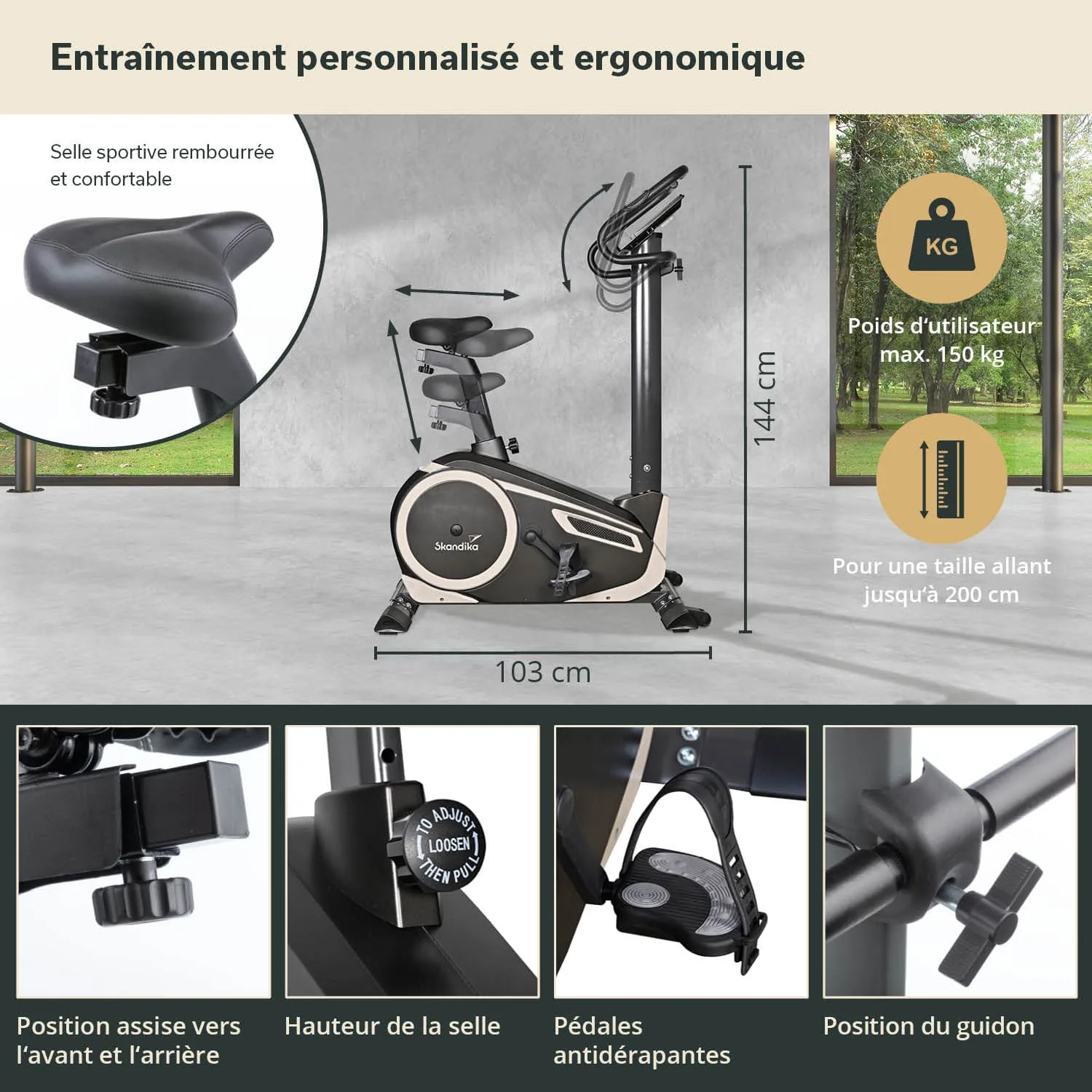 Ergonomisches Fitnessbike mit verstellbarem Sattel, Antirutsch-Pedalen und Höhenverstellbarkeit für Benutzer bis 200 cm.