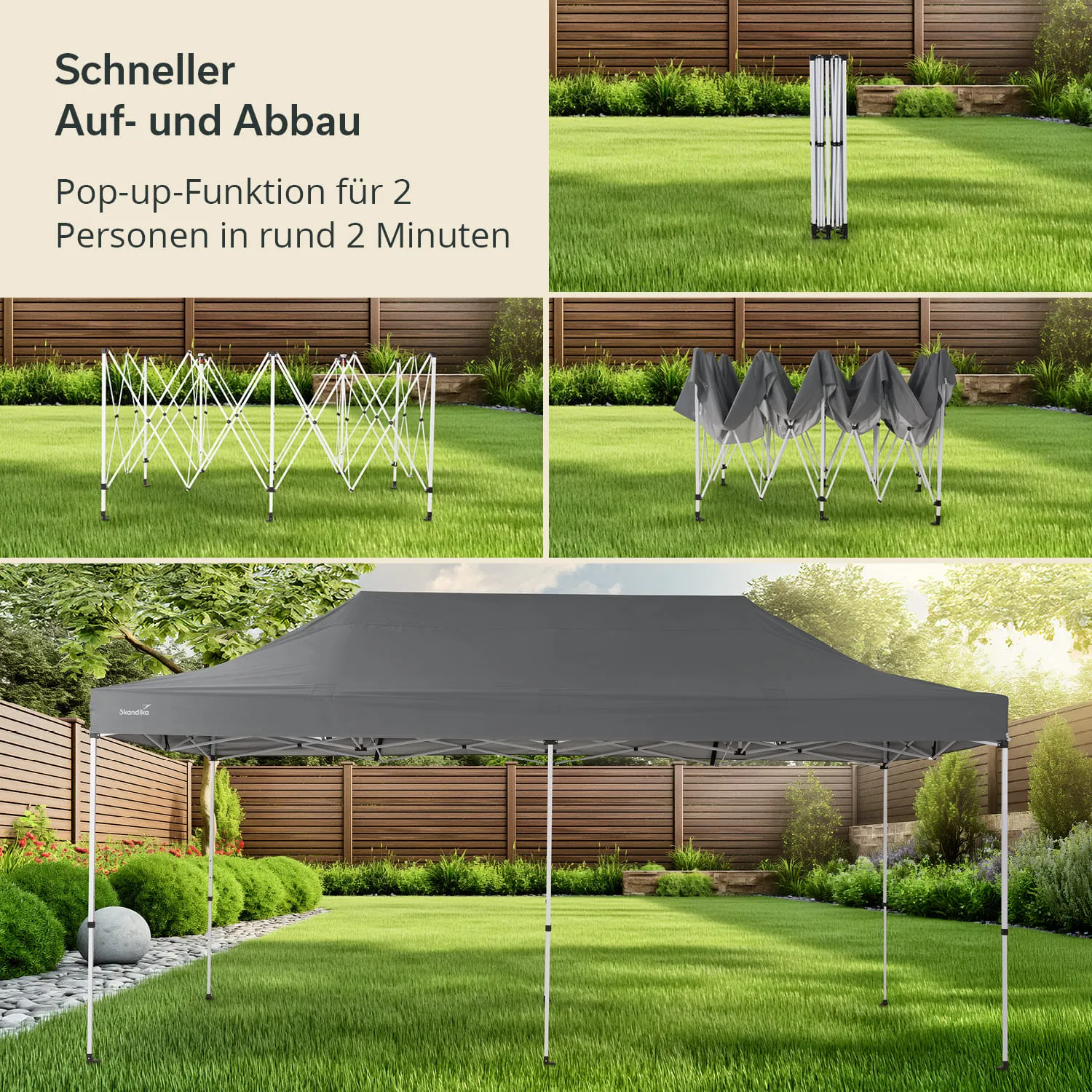 Faltbares Zelt mit mehreren Aufbauphasen, dargestellt in einem Garten mit Rasen. Hintergrund mit Holzzaun und Pflanzen.
