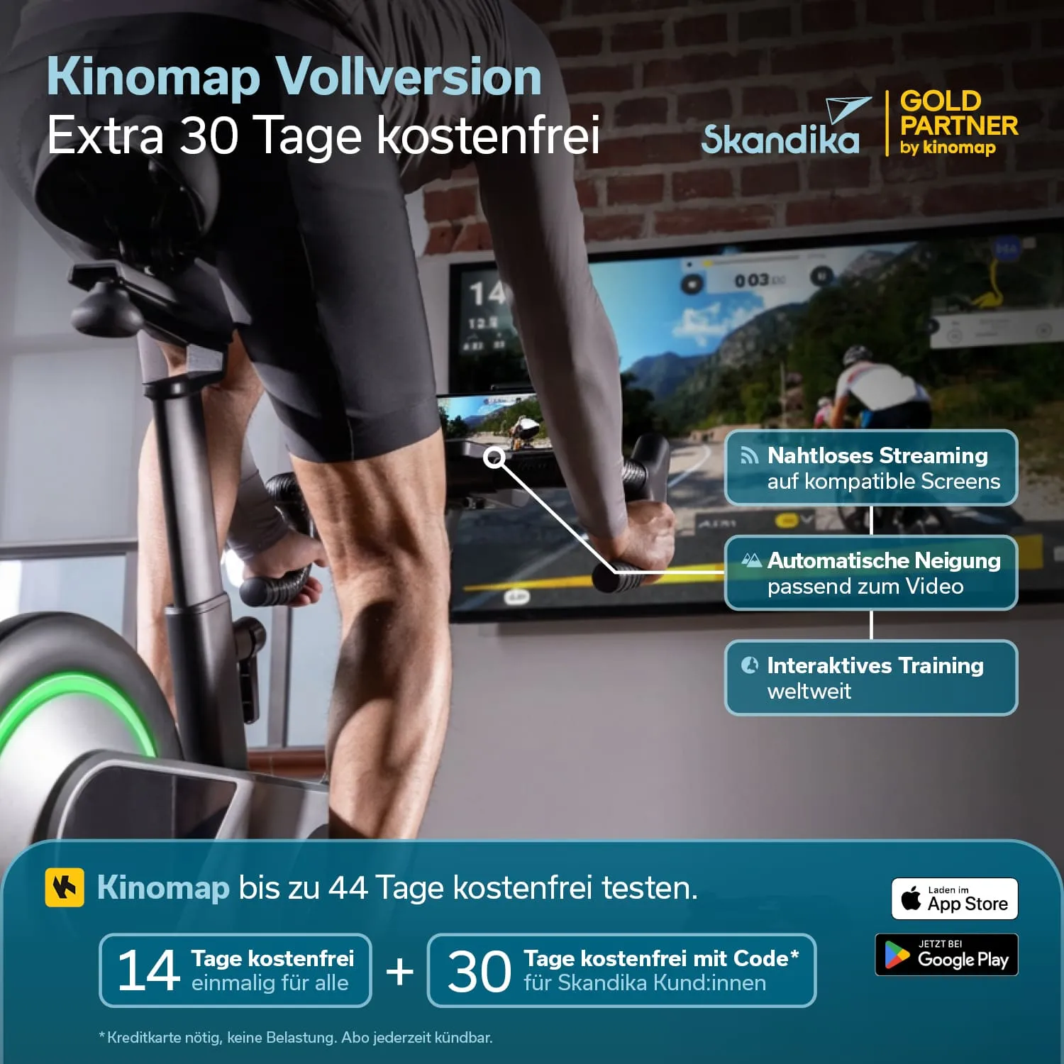 Fitnessgerät mit einem Nutzer, der in einem engen Oberteil auf einem Rad sitzt. Im Hintergrund ein Bildschirm mit einer Landschaft und Trainingsdaten. Textinformationen zu Kinomap, Gratis-Testangebot und Funktionen.