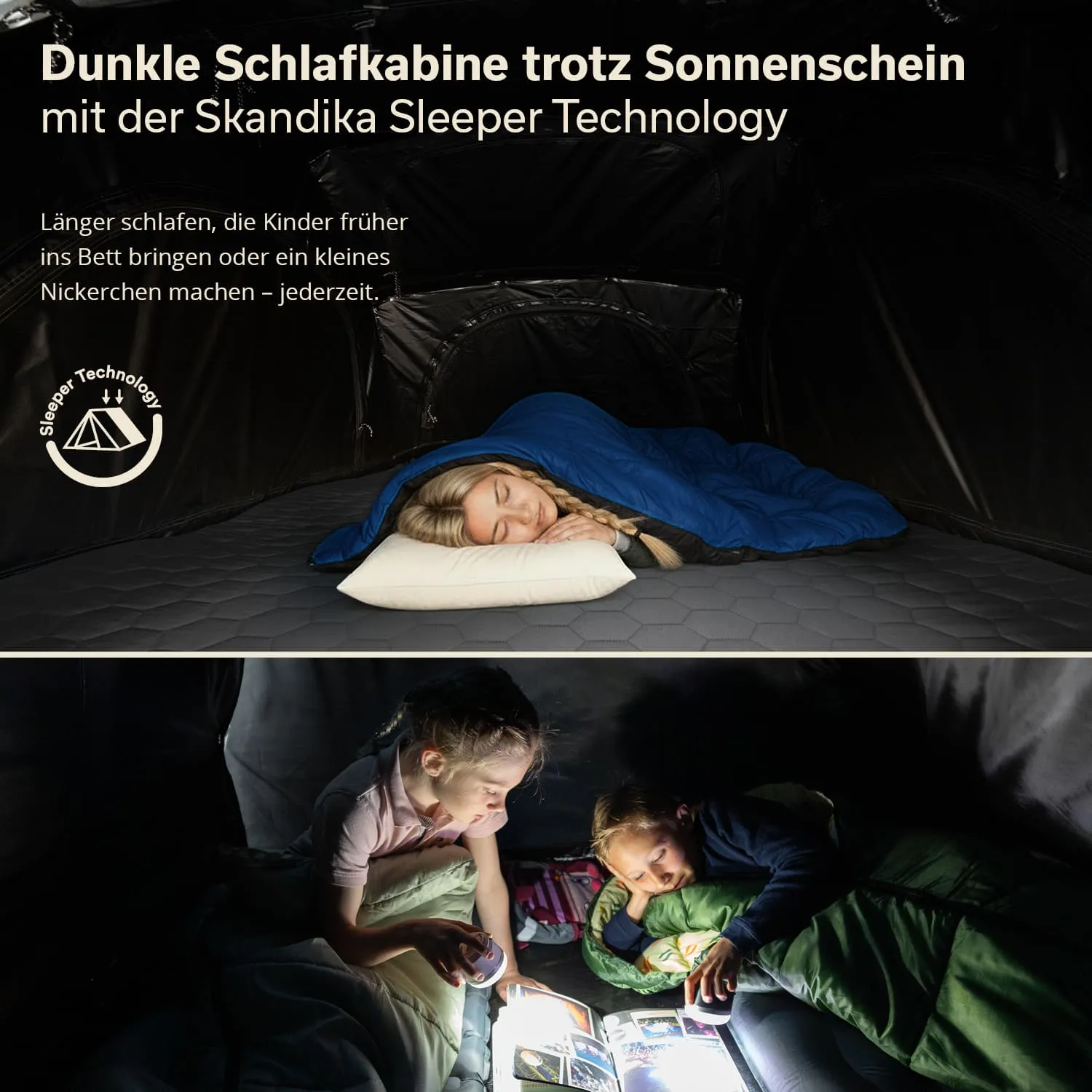 Zwei Szenen in einem Zelt: Oben schläft eine Person in einem blauen Schlafsack, unten lesen zwei Kinder mit einer Lampe in einem Zelt.