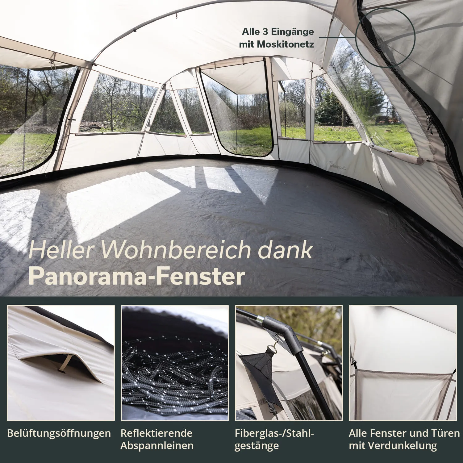 Großer Innenraum eines Zeltes mit Panorama-Fenstern. Sichtbare Details: Bodenbelag, Belüftungsöffnungen, Abspannleinen und Gestänge.