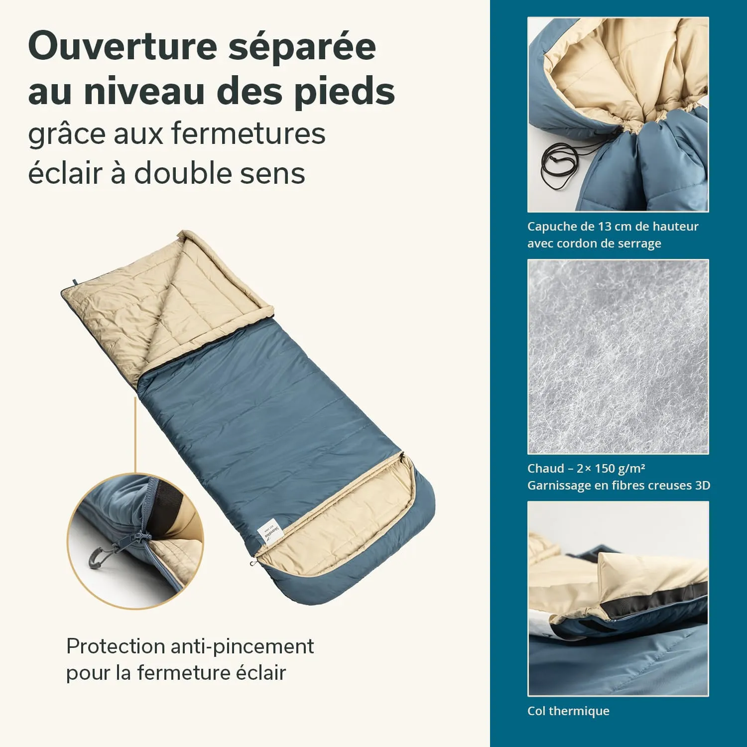 Ein Schlafsack in Blau und Beige mit abgedecktem Kopfbereich und separater Fußöffnung. Verschlüsse und Details sind zu sehen.