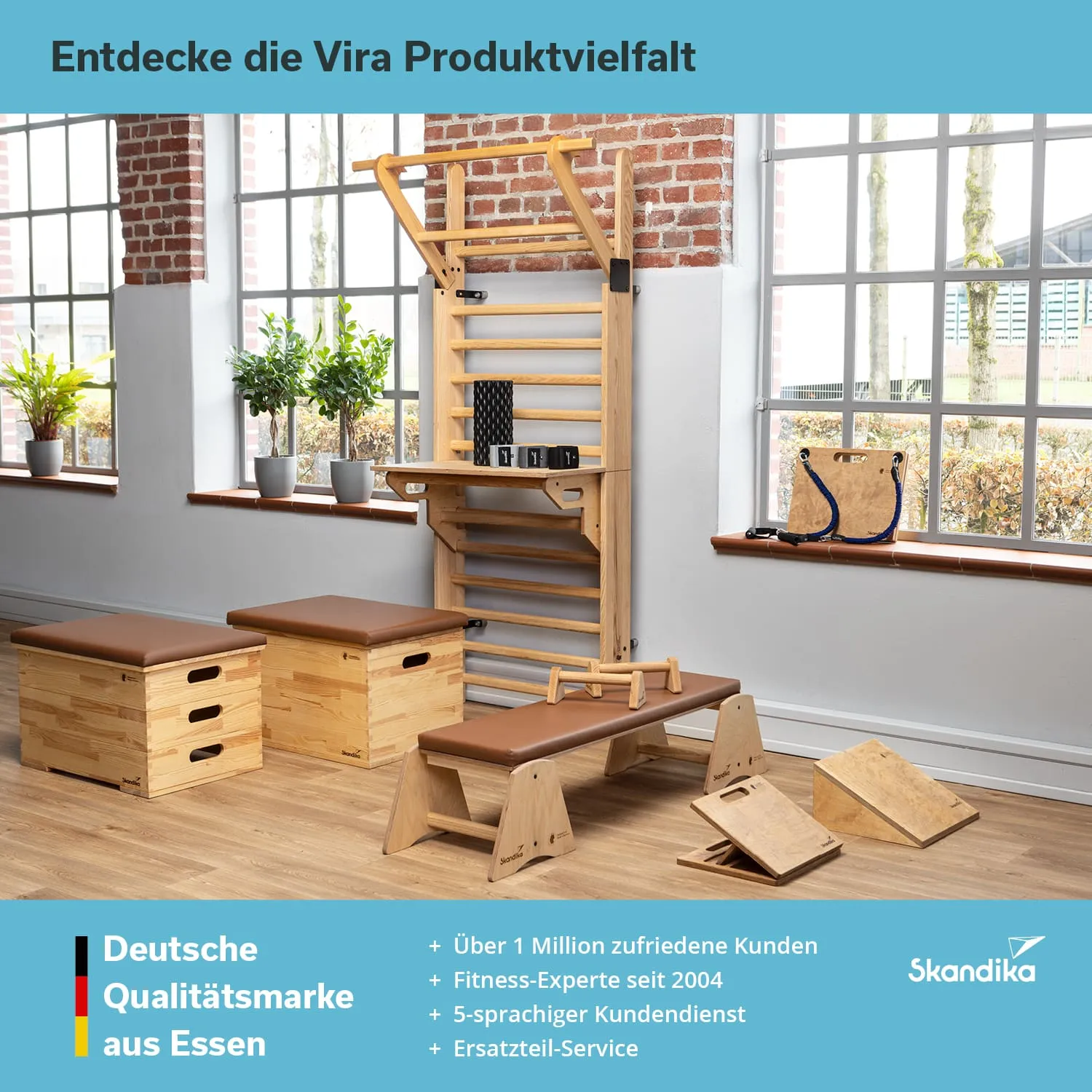 Holzgestell mit verschiedenen Fitnessgeräten, zwei Hockern, Fenster mit Pflanzen und Werbung für Vira Produkte.