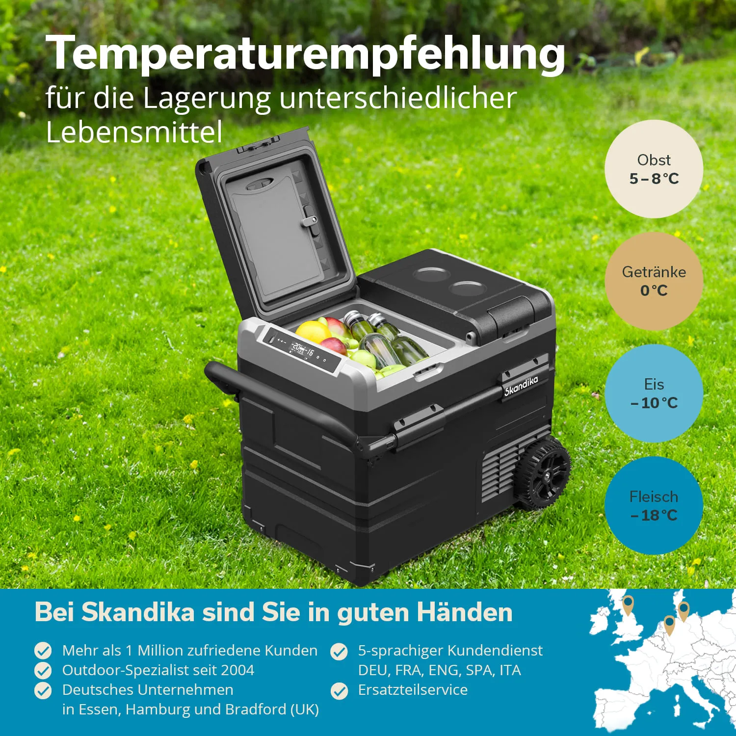Temperaturempfehlung für die Lagerung von Lebensmitteln auf einem schwarzen Kühlschrank mit geöffnetem Deckel, gefüllt mit Obst und Flaschen. Rasen im Hintergrund.