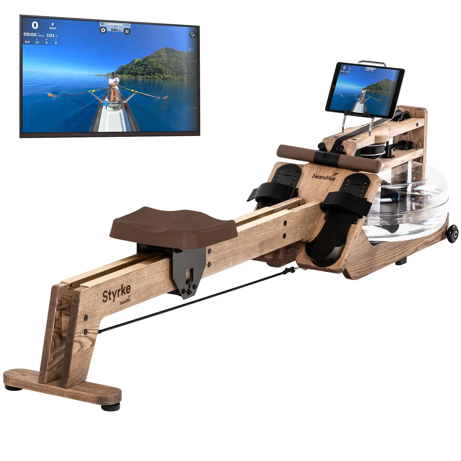 Rudermaschine aus Holz mit Sitz, Wasserbehälter hinten und einem Bildschirm für Trainingsanweisungen darüber.