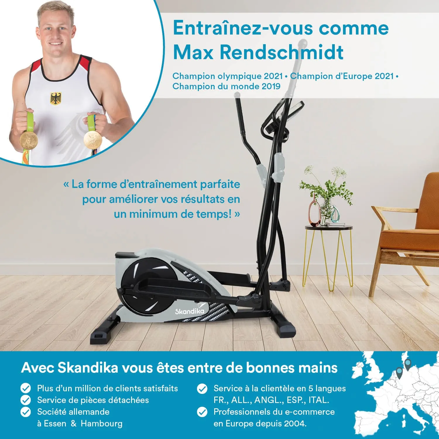 Mann in sportlicher Kleidung hält zwei Goldmedaillen. Darunter ein Crosstrainer und Text über Trainingsmöglichkeiten mit Skandika.