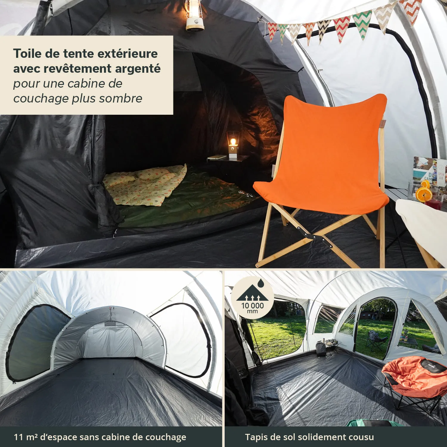Zeltinnenansicht mit einem orangefarbenen Stuhl, einer Decke und einer Lampe. Weitere Ansichten des Zeltes mit Platz und Boden.