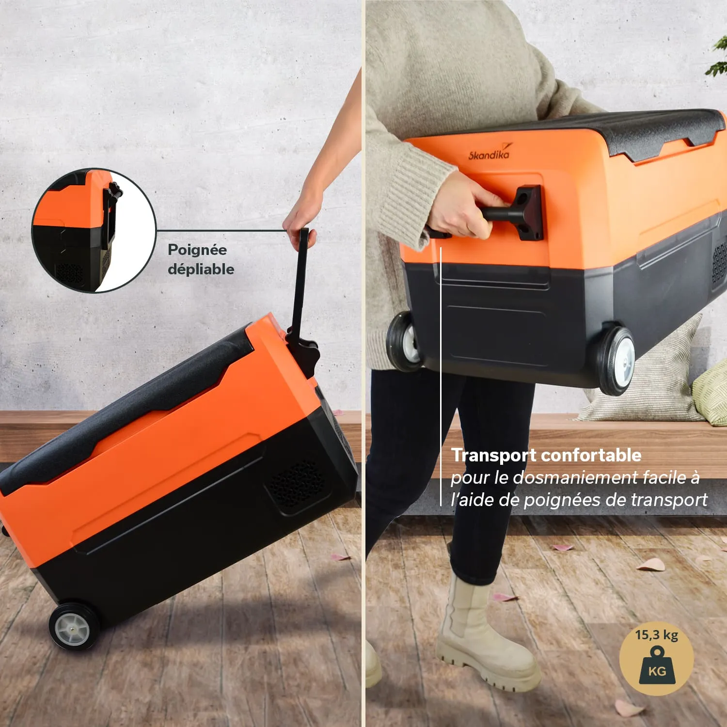 Kühler mit orangefarbenem Deckel und schwarzem Körper, mit herausziehbarem Griff und Rollen für einfachen Transport.