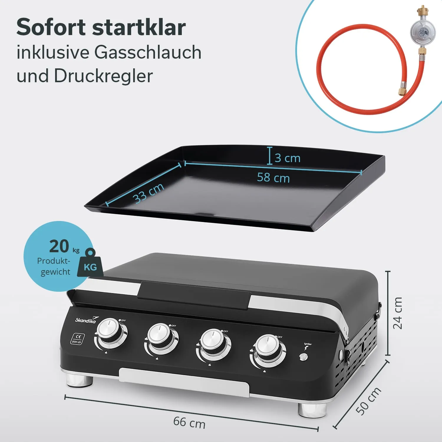 Grillgerät in Schwarz mit drei Drehknöpfen und einem Ablageblech. Maße und Gewicht sind angegeben. Gasschlauch und Druckregler abgebildet.