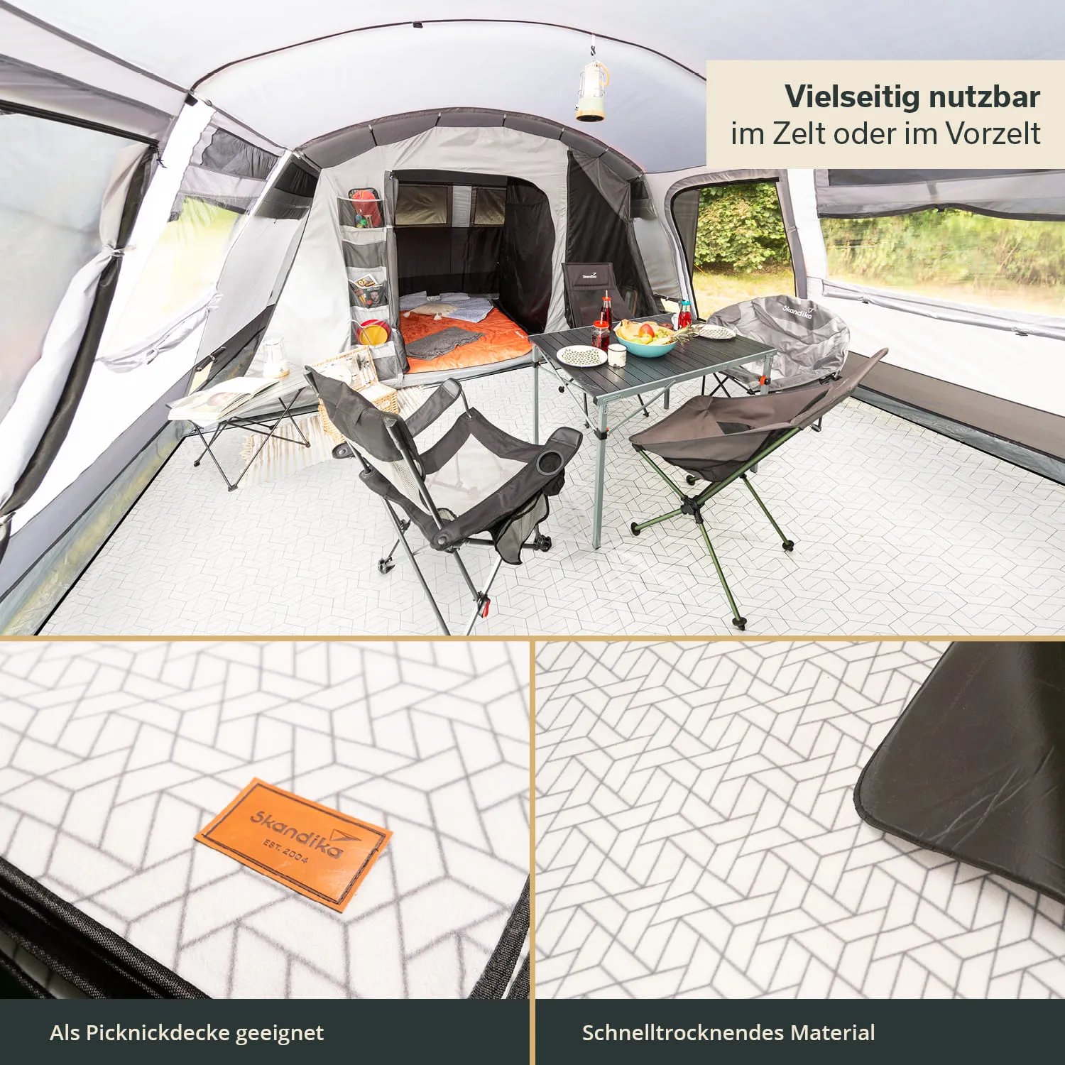 Zeltinneneinrichtung mit Tisch, Campingstühlen und Mustermatte. Im Hintergrund ein Bett und Fenster zur Außenansicht.