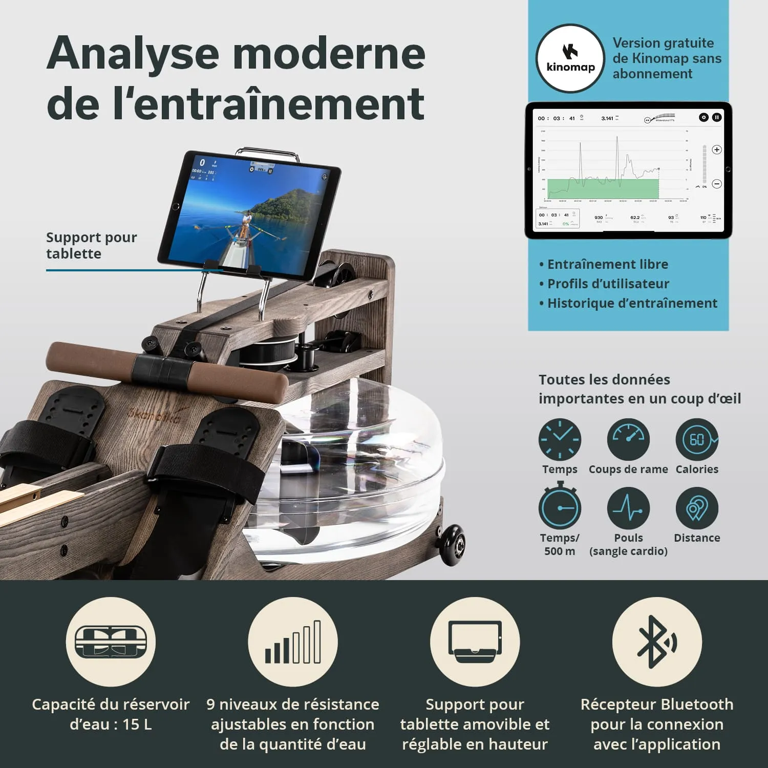 Wassertretgerät mit Holzrahmen, abnehmbarer Halterung für ein Tablet, Wasserkraftmodul, technische Informationen und Bluetooth-Icons.