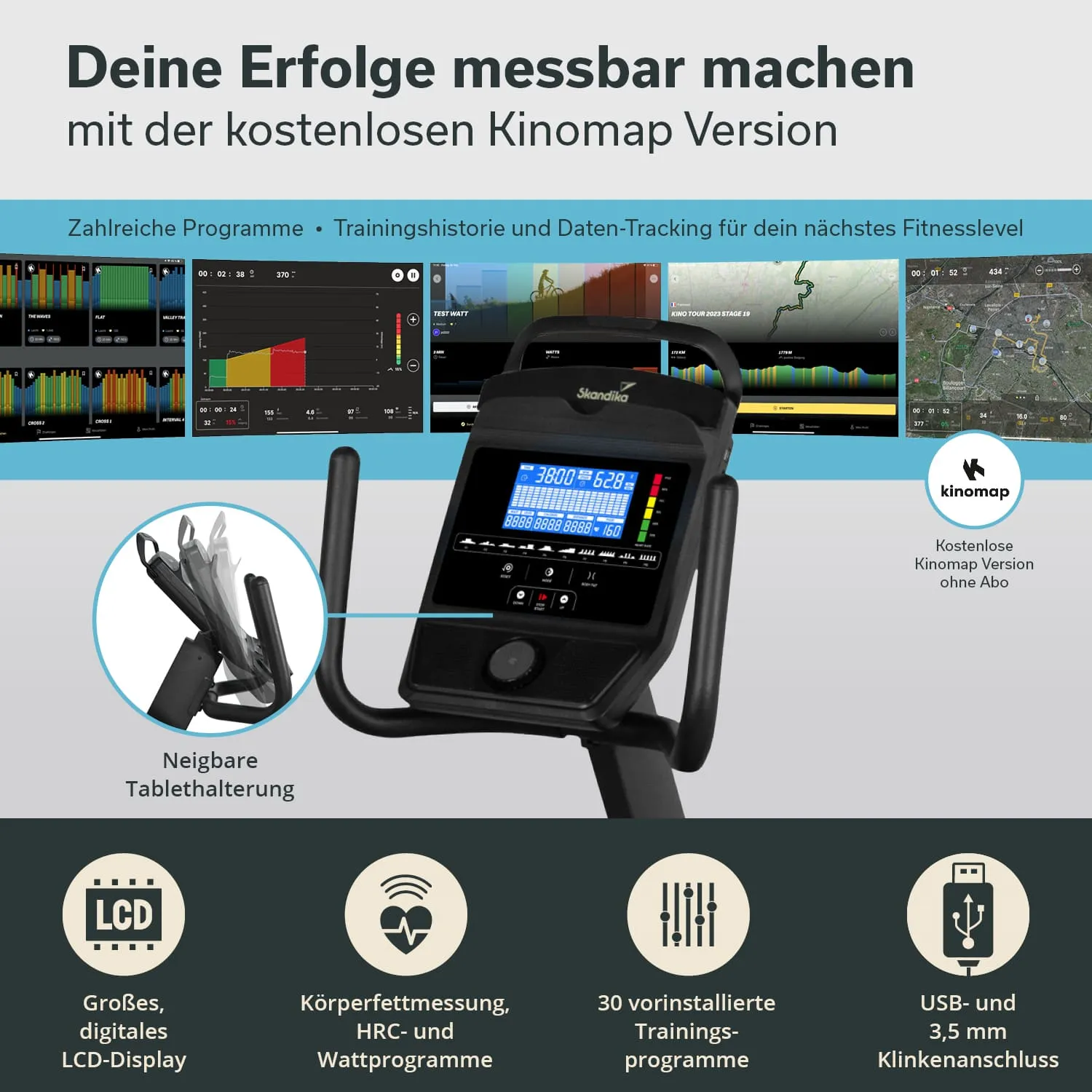 Ein Fitnessgerät mit einem großen LCD-Display, das Trainingsdaten anzeigt. Daneben sind Grafiken und Informationen zu Trainingsprogrammen und Funktionen sichtbar. Ein Tabletständer ist vorhanden.