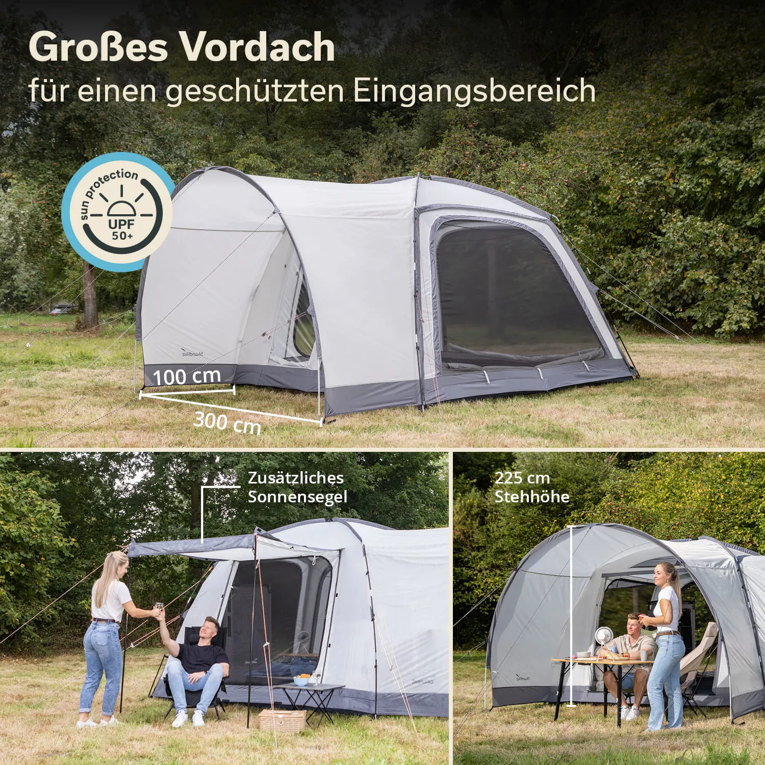 Zelt mit großem Vordach auf einer Wiese, Maßangaben und Beschreibungen zu Funktionen sind vorhanden. Zusatzsonnensegel und Stuhlgruppen sichtbar.