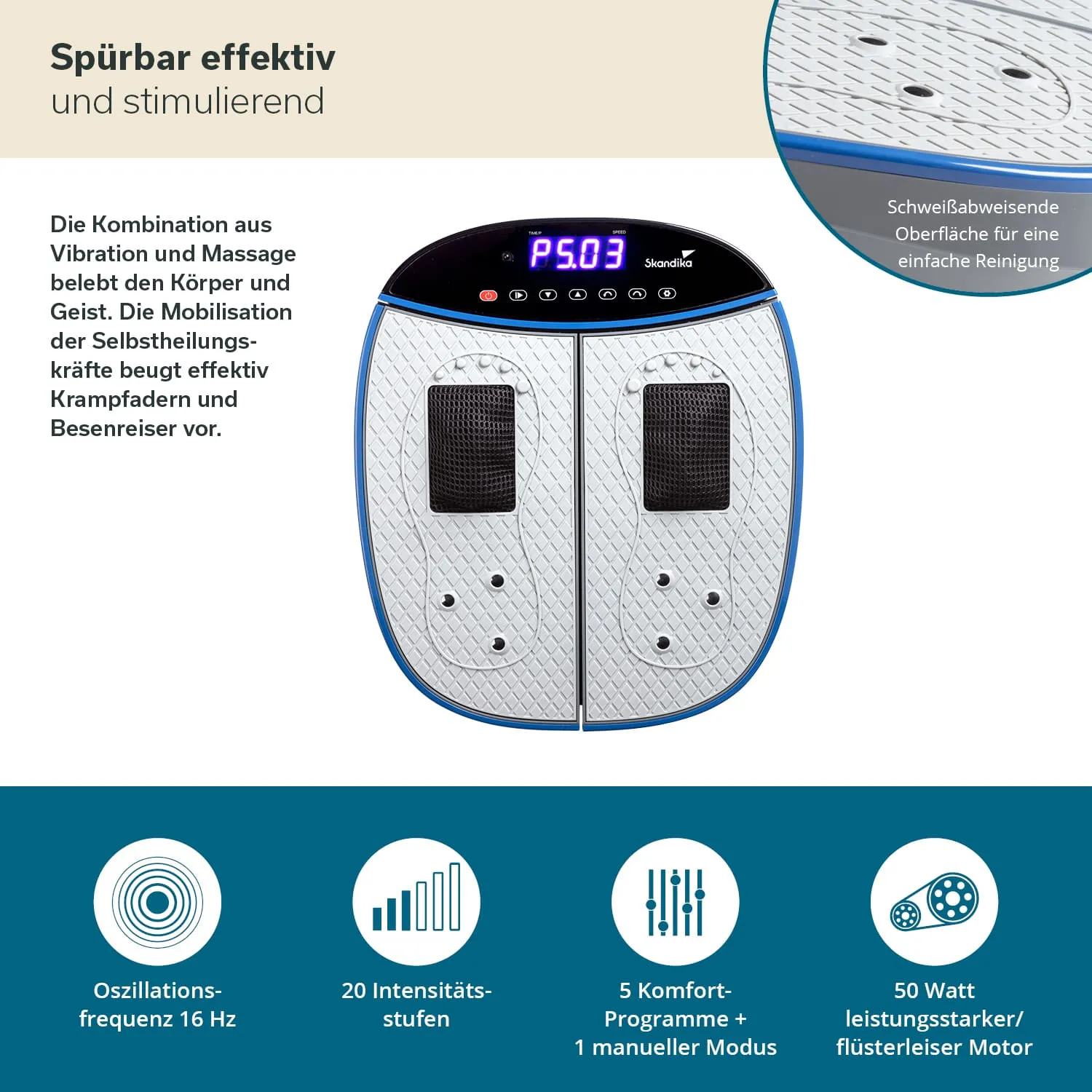 Elektrostimulationsgerät mit digitales Display, zwei Plattformen und Bedientasten. Angaben zu Funktionen und Details.