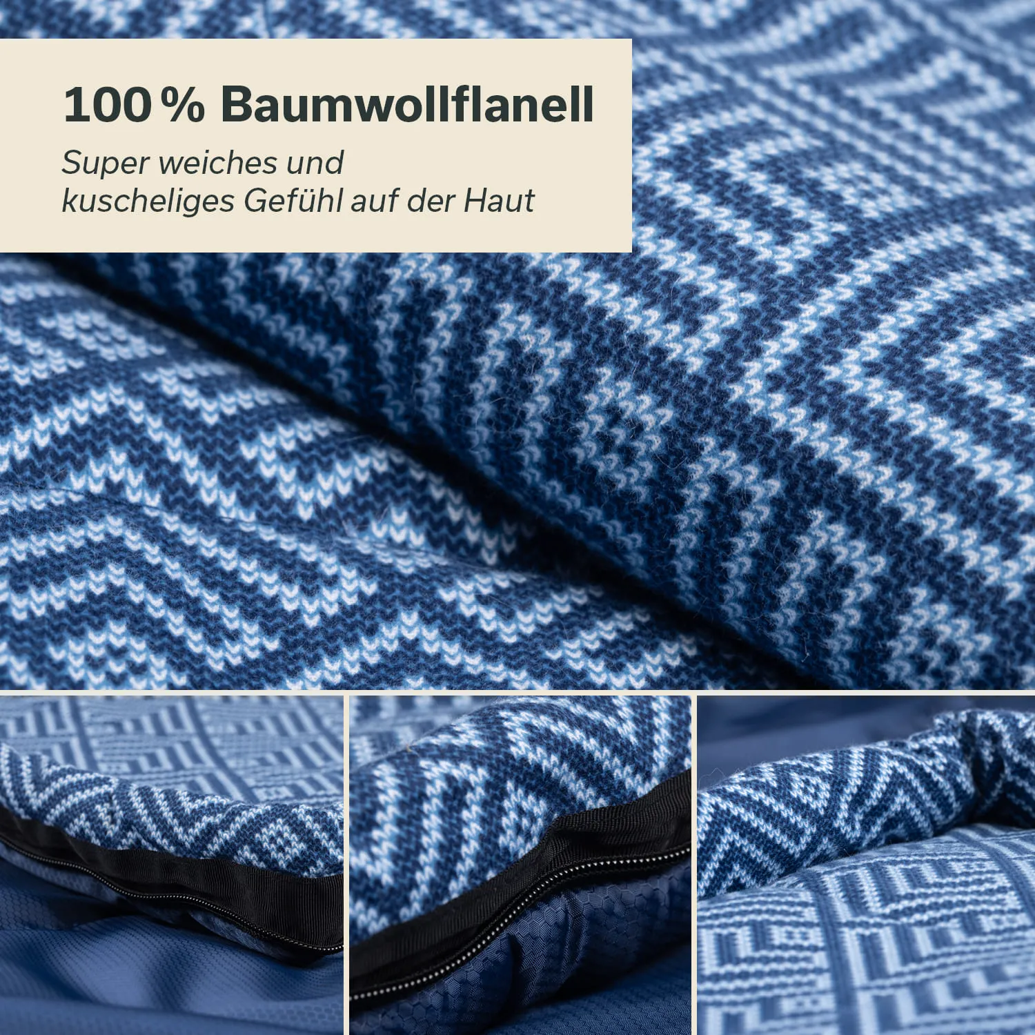 Baumwollflanell mit geometrischem Design in Blau- und Grautönen, teilweise überlappt. Nahaufnahmen der Struktur und des Reißverschlusses.