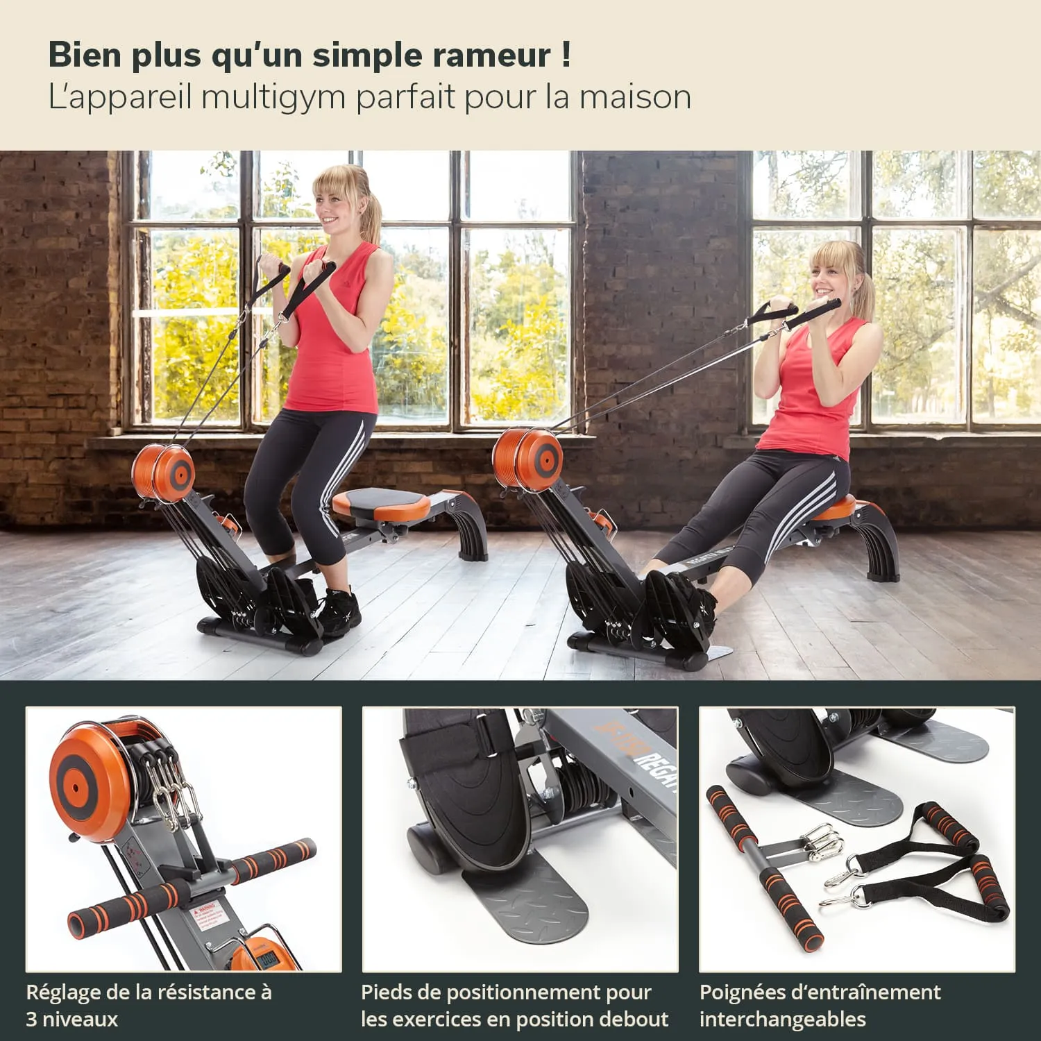 Multifunktionales Fitnessgerät mit Widerstandseinstellung, verwendet von einer Person in einem hellen Raum mit großen Fenstern.