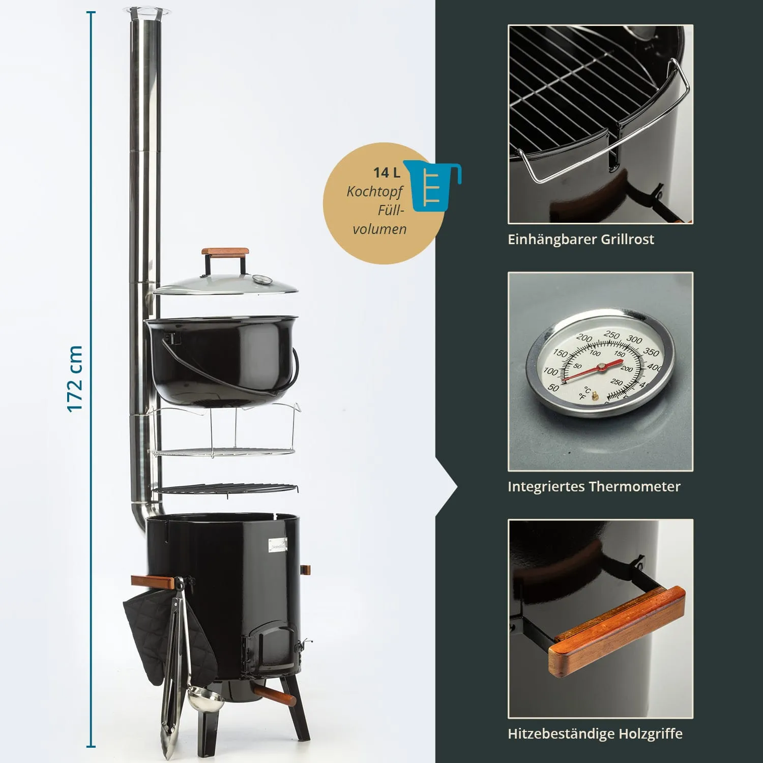 Raucherofen mit einem 14-Liter-Kochtopf, einem integrierten Thermometer und einem einhängbaren Grillrost. Höhe 172 cm.
